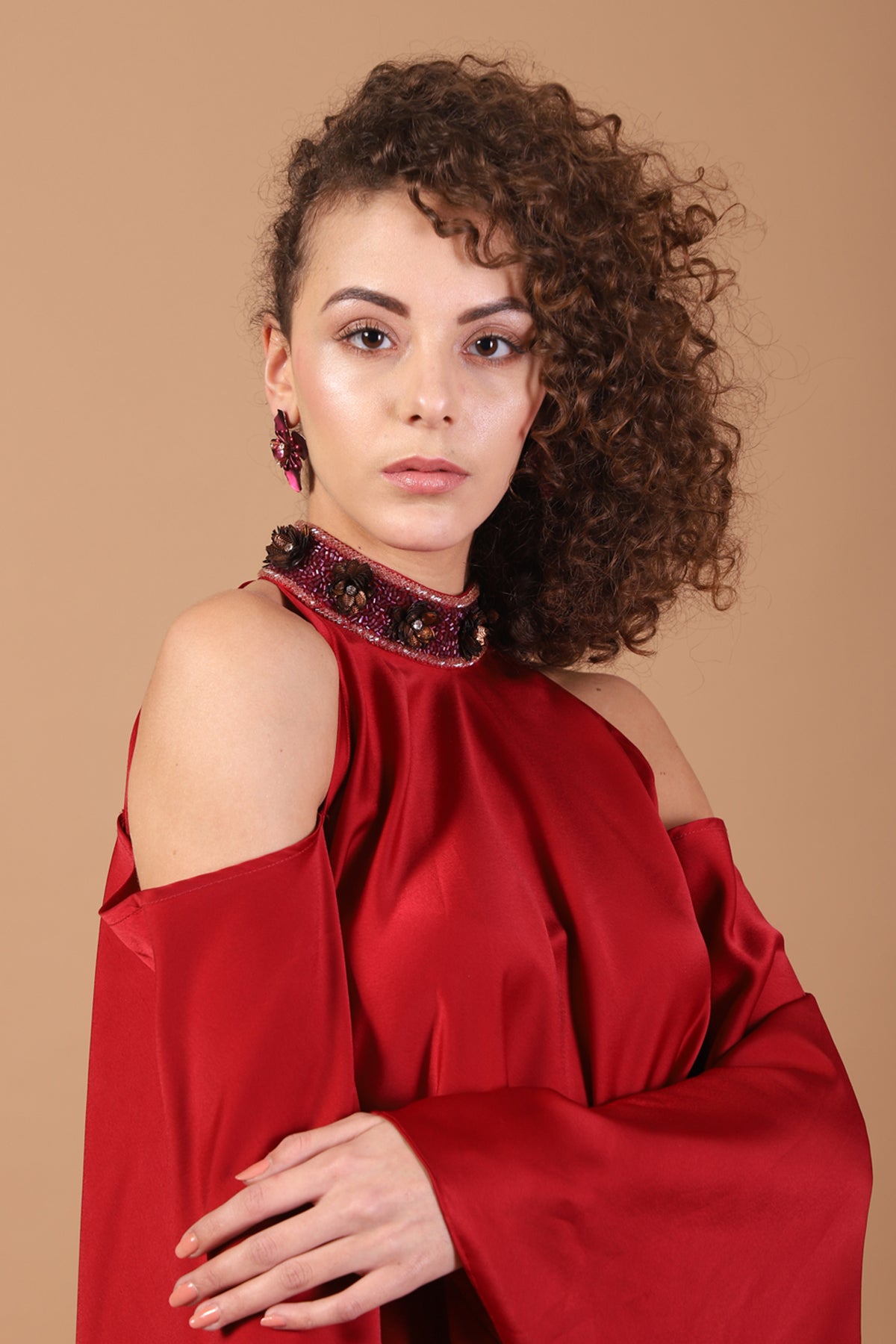 Cherry Red high-neck Cold Shoulder Top