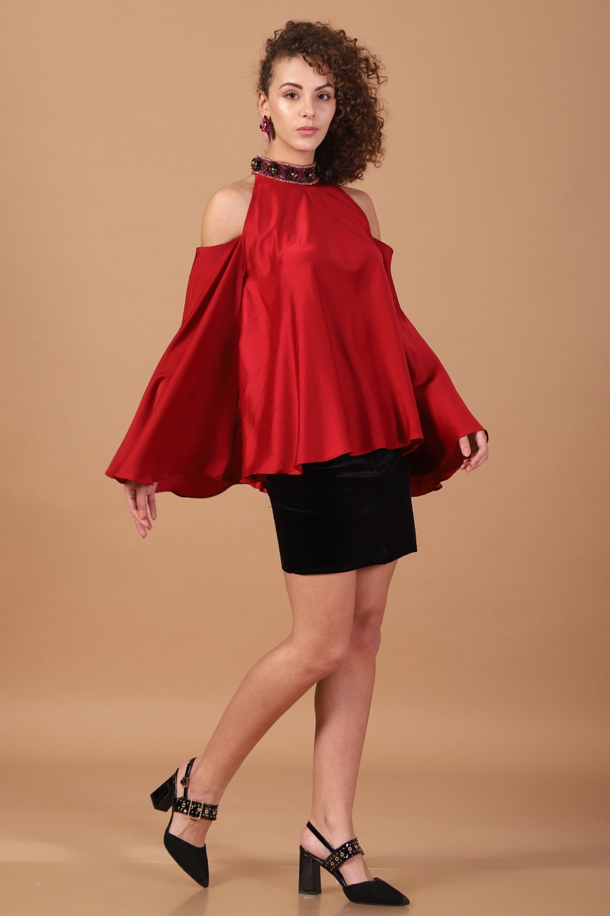 Cherry Red high-neck Cold Shoulder Top