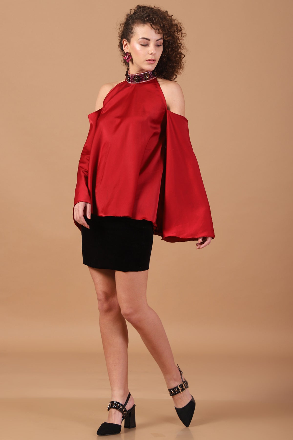 Cherry Red high-neck Cold Shoulder Top