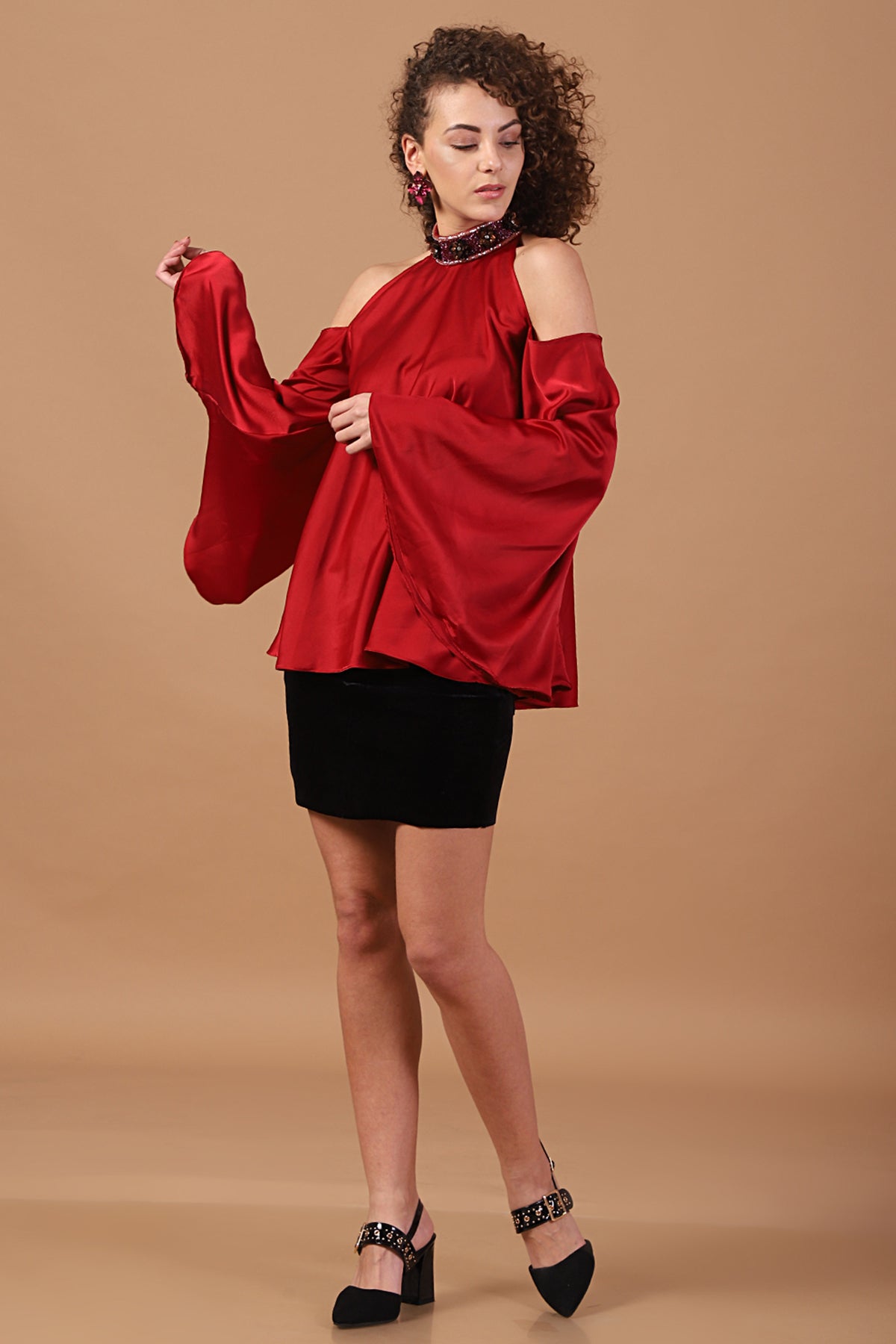 Cherry Red high-neck Cold Shoulder Top