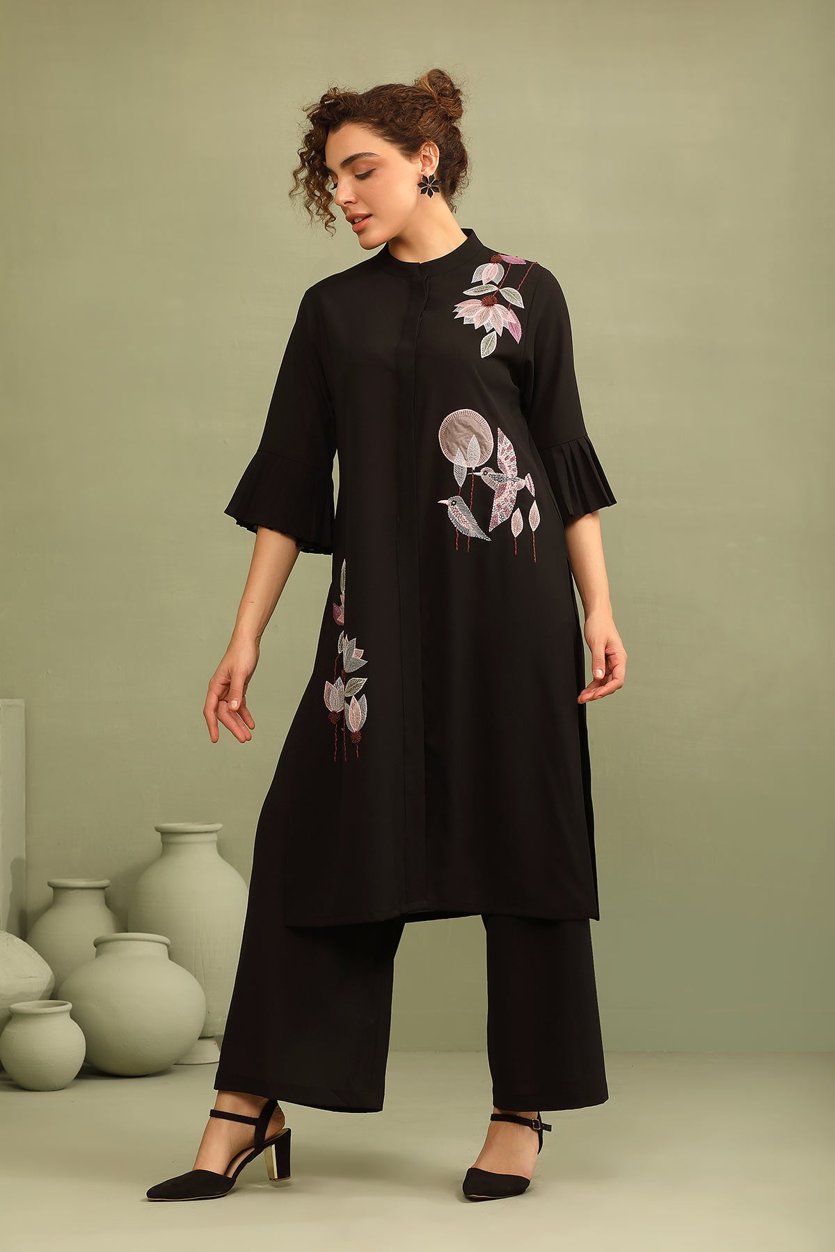 Mandarin collar black double-georgette applique work kurti tunic