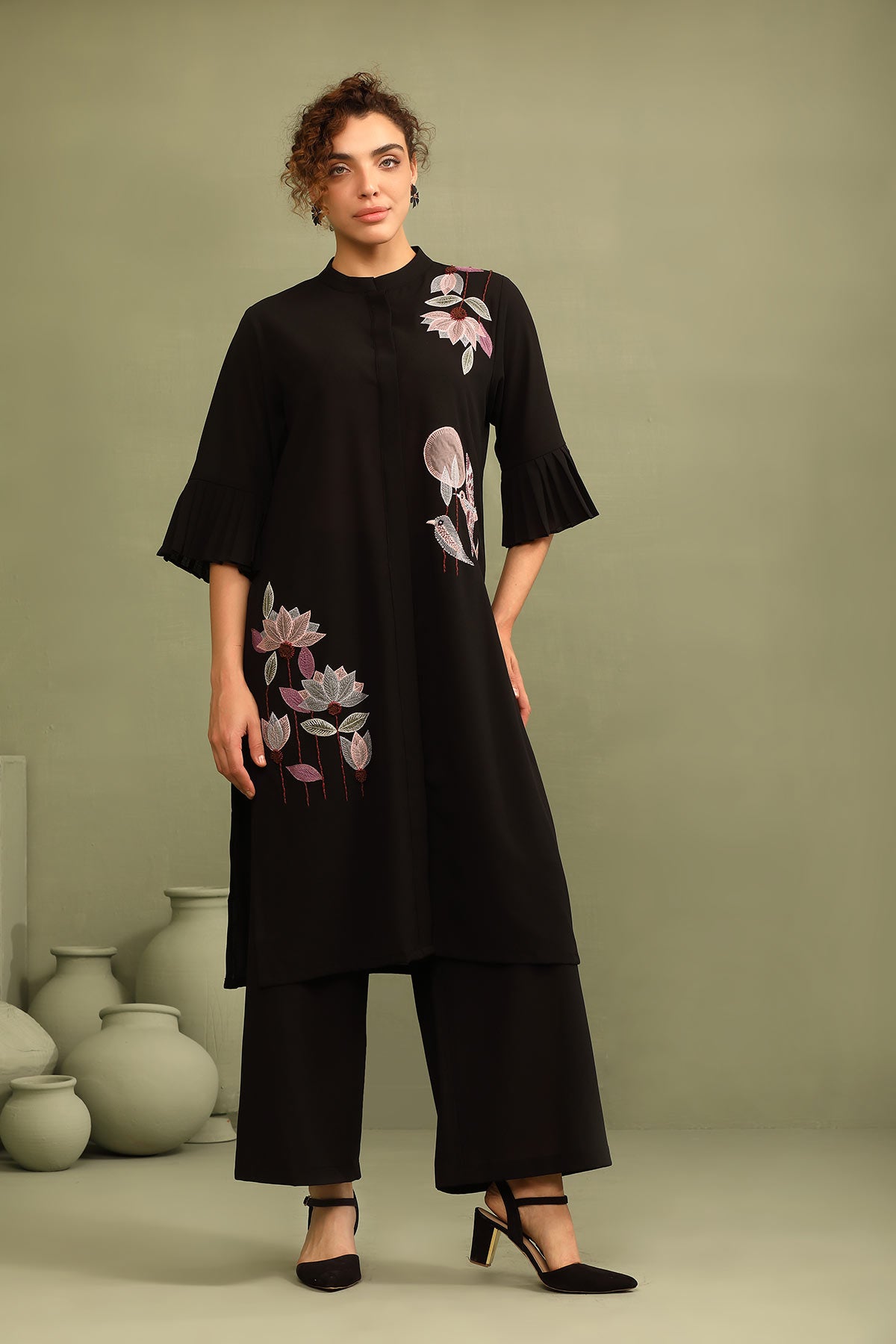 Mandarin collar black double-georgette applique work kurti tunic
