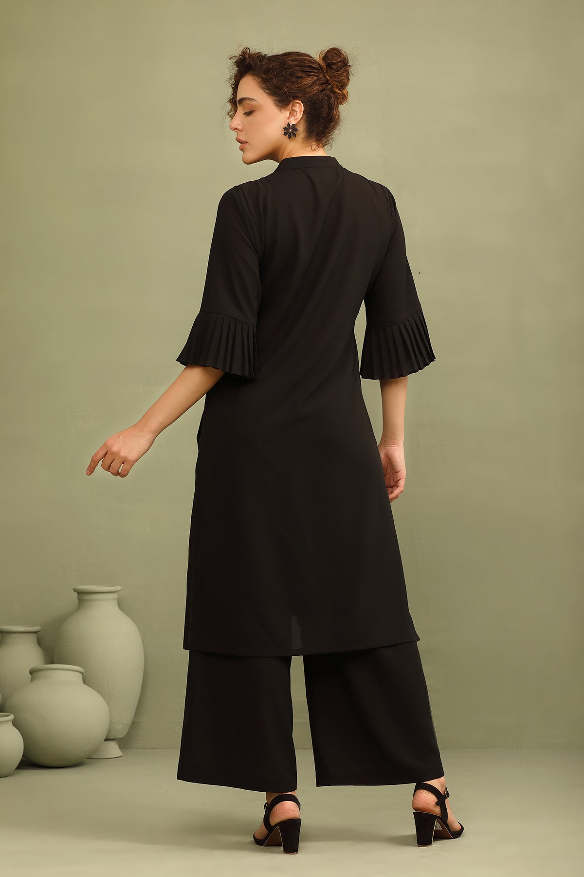 Mandarin collar black double-georgette applique work kurti tunic