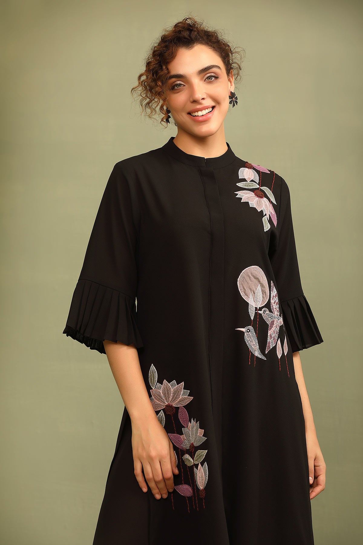 Mandarin collar black double-georgette applique work kurti tunic