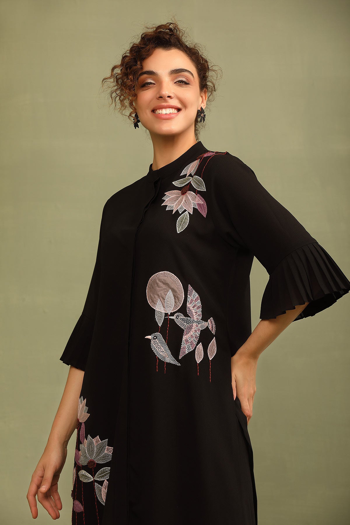 Mandarin collar black double-georgette applique work kurti tunic
