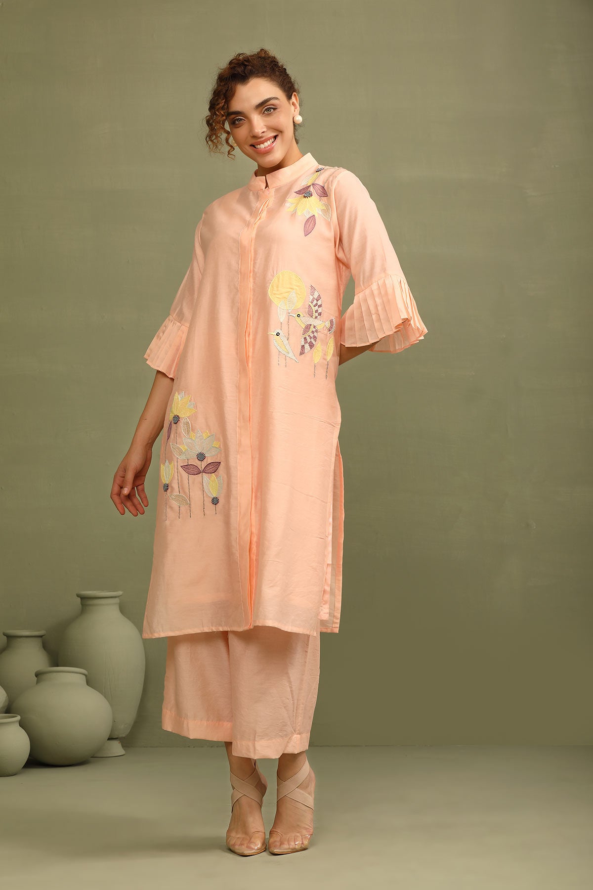 Mandrin collar peach chanderi applique work kurti tunic with pallazo