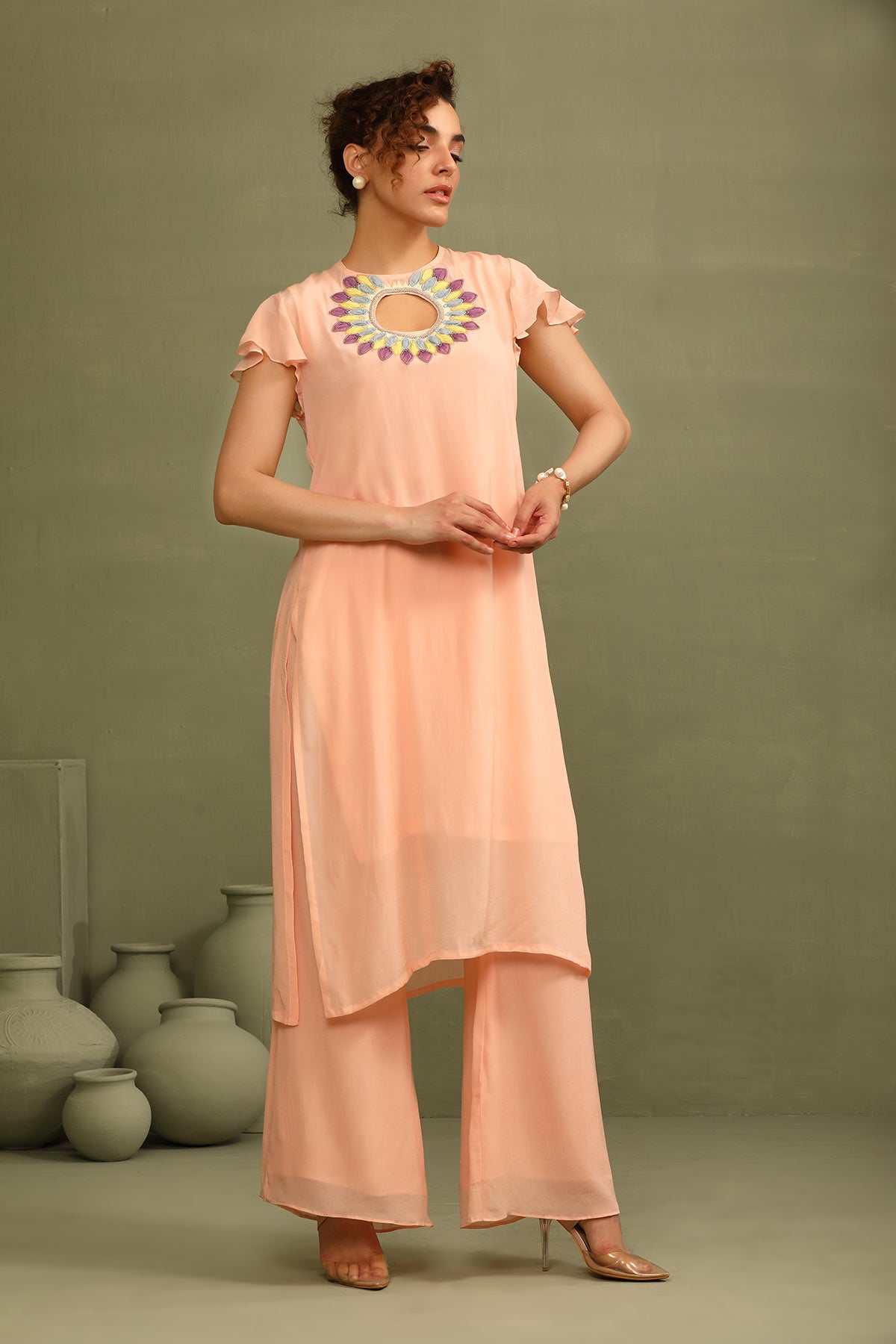 colour-block flower applieque neckline kurti with pallazo set