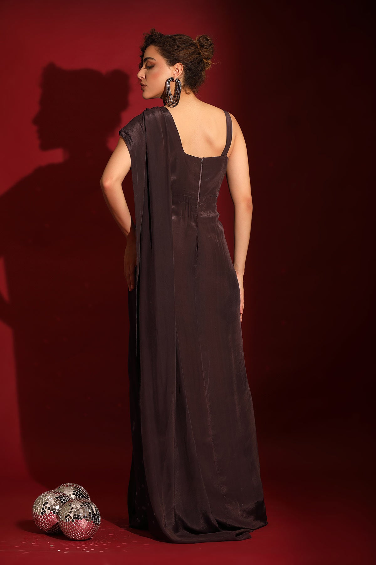 Abstract midnight plum flared gown