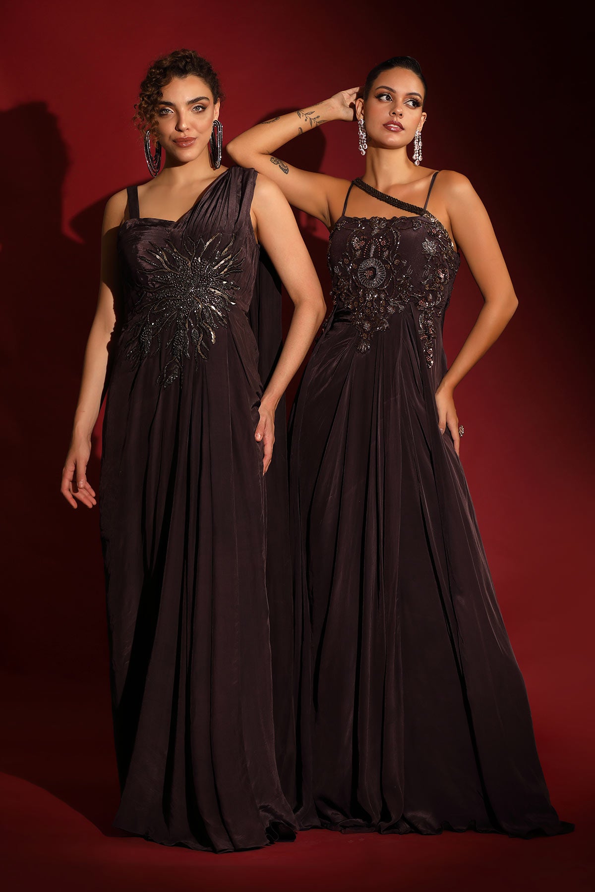Abstract midnight plum flared gown