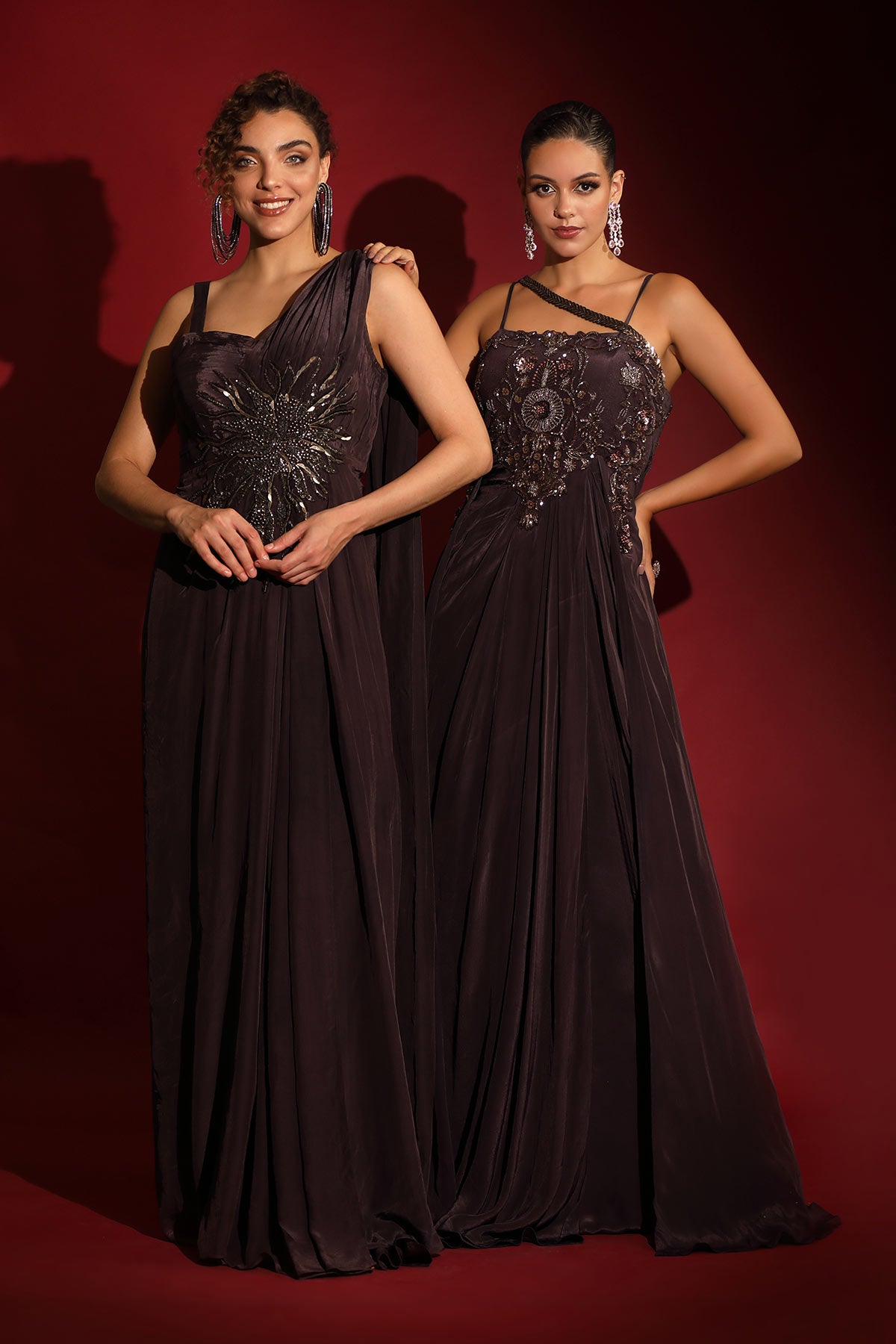 Abstract midnight plum flared gown