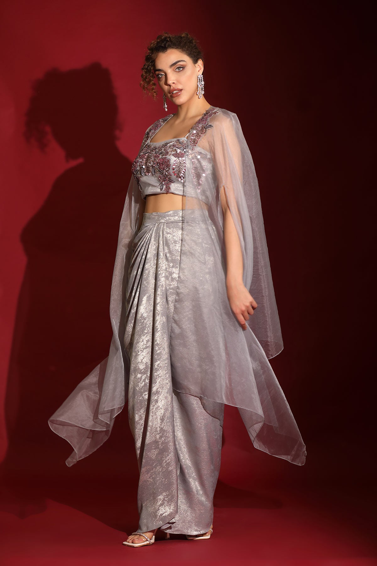 Metallic grey foil & sea life embroidered crop-top draped skirt-cape set