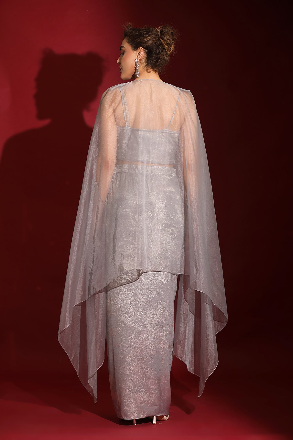 Metallic grey foil & sea life embroidered crop-top draped skirt-cape set