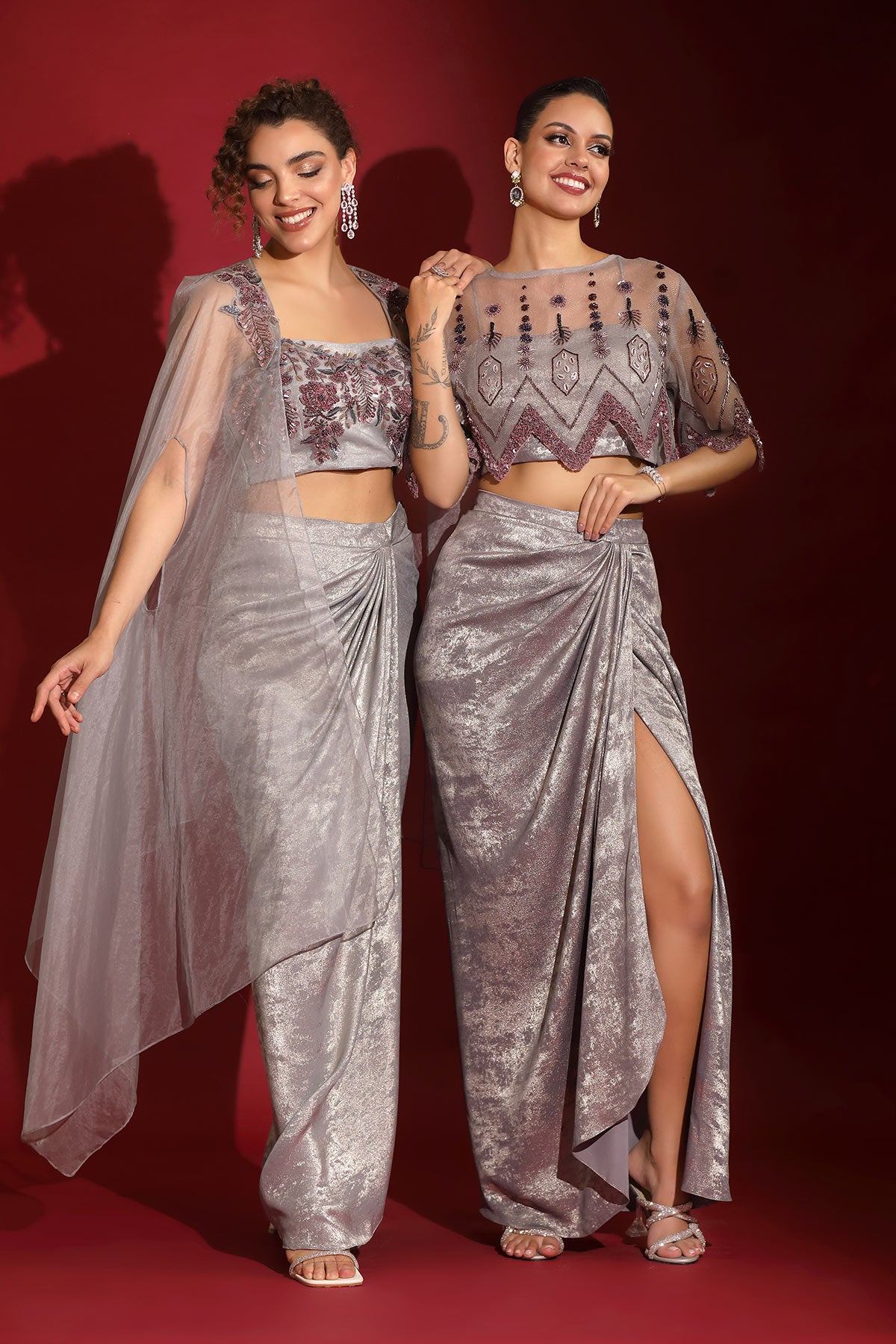 Metallic grey foil & floral embroidered crop-top draped skirt-cape set