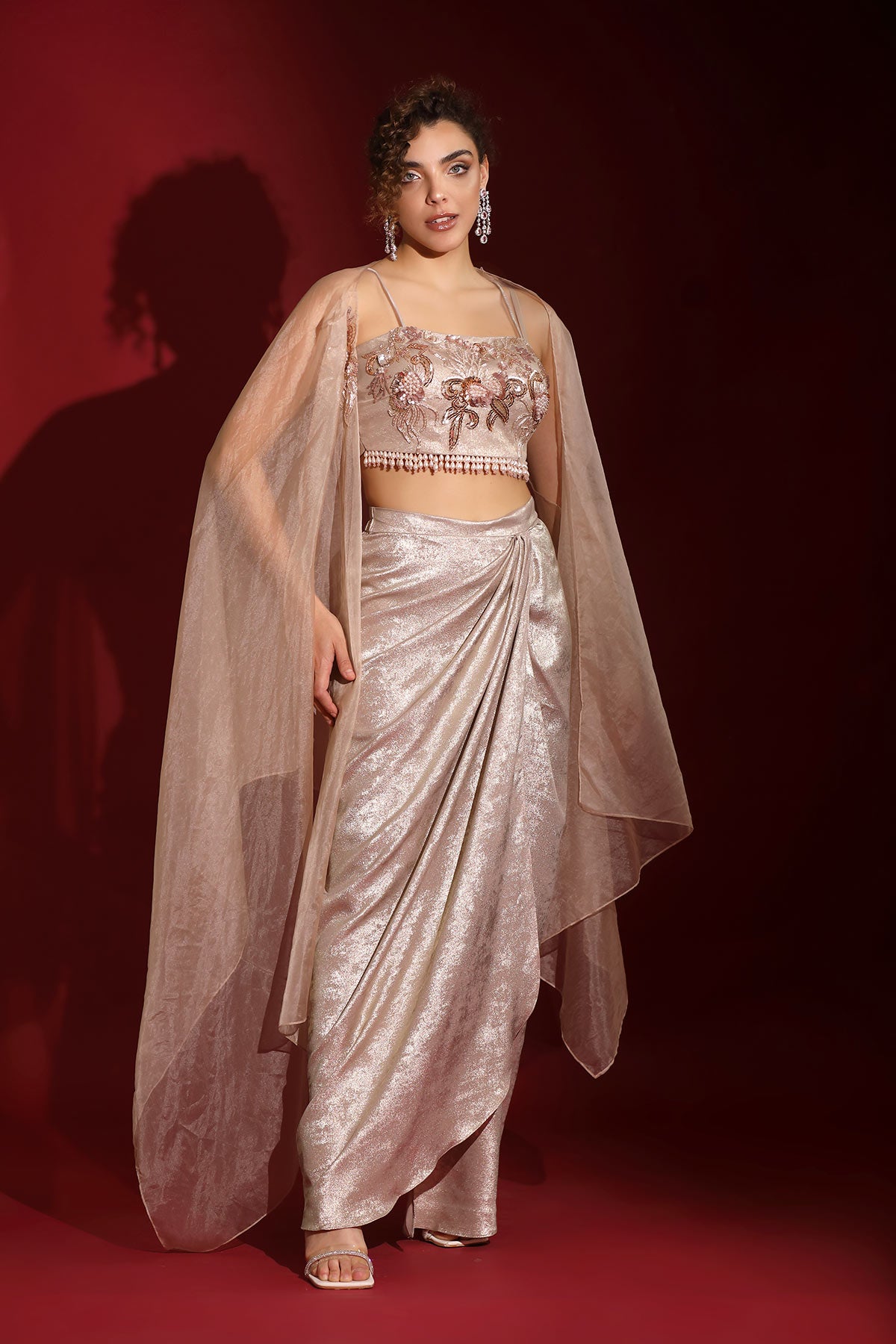 Metallic rosegold foil & sea life embroidered crop-top draped skirt-cape set