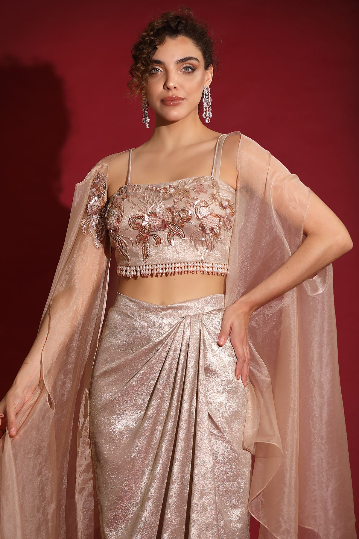 Metallic rosegold foil & sea life embroidered crop-top draped skirt-cape set