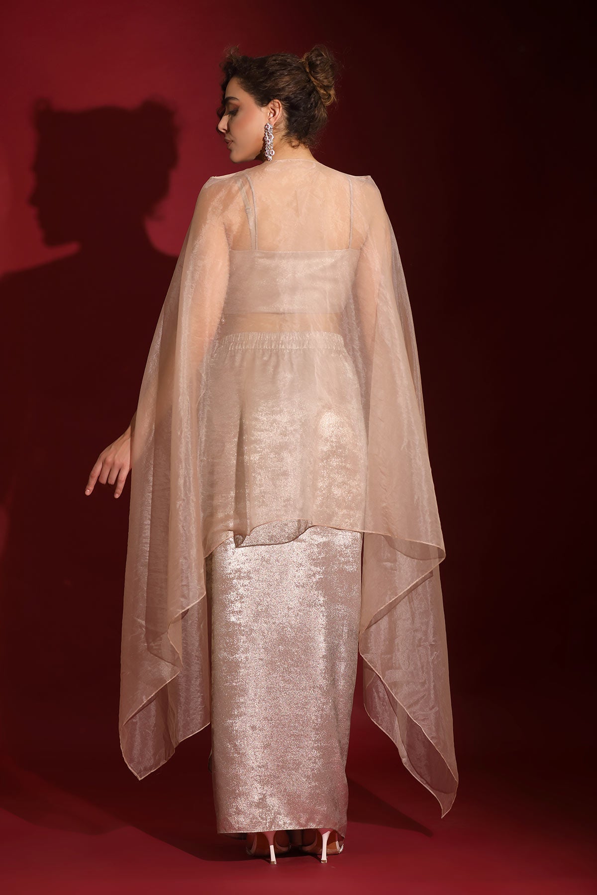 Metallic rosegold foil & sea life embroidered crop-top draped skirt-cape set