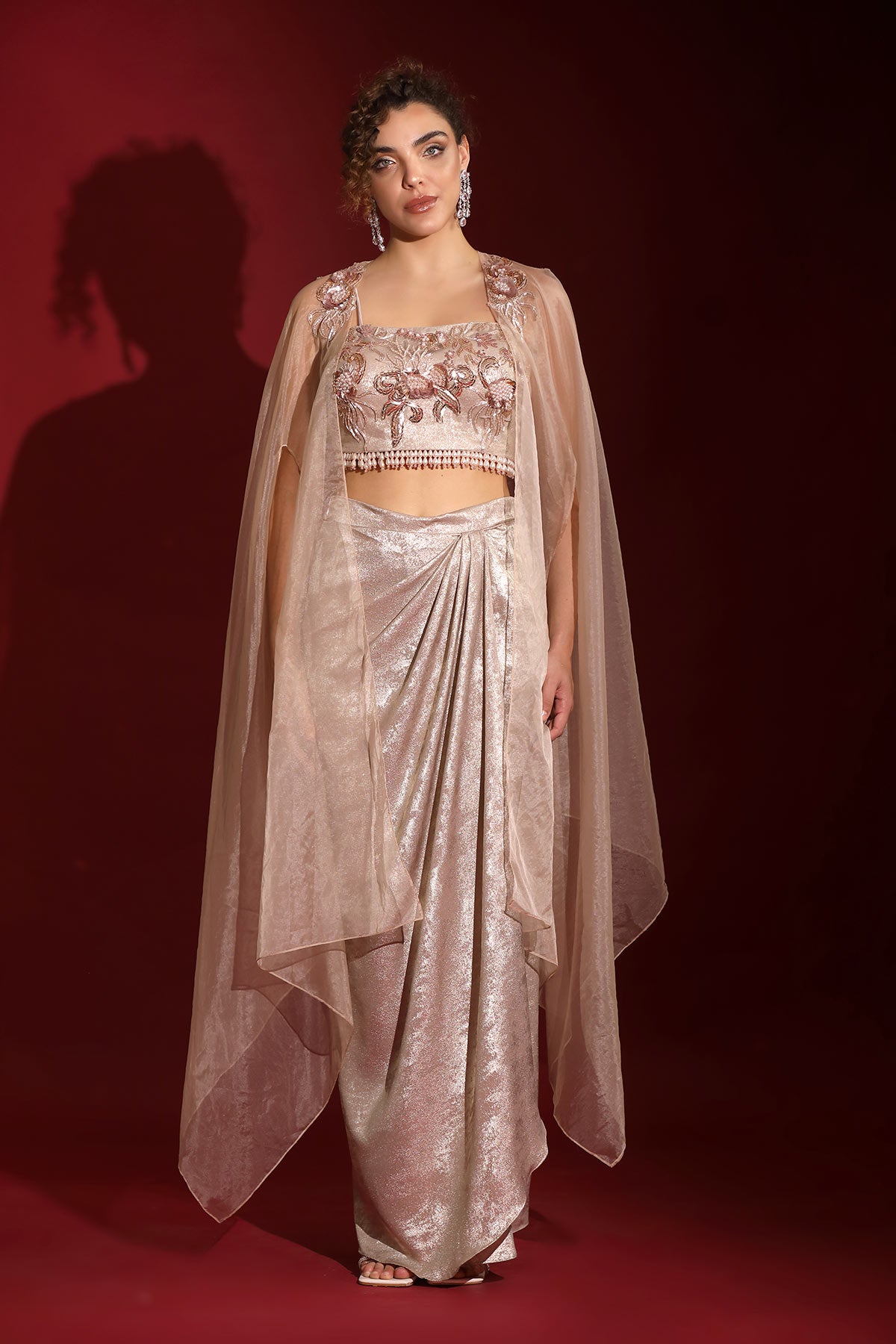 Metallic rosegold foil & sea life embroidered crop-top draped skirt-cape set