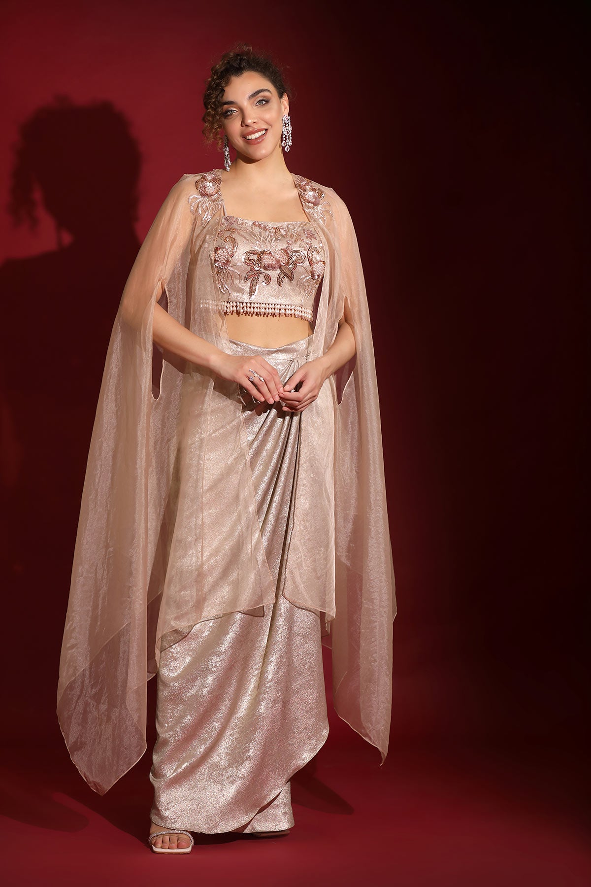 Metallic rosegold foil & sea life embroidered crop-top draped skirt-cape set
