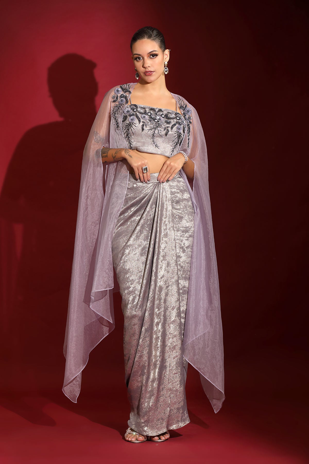 Metallic grey foil & floral embroidered crop-top draped skirt-cape set