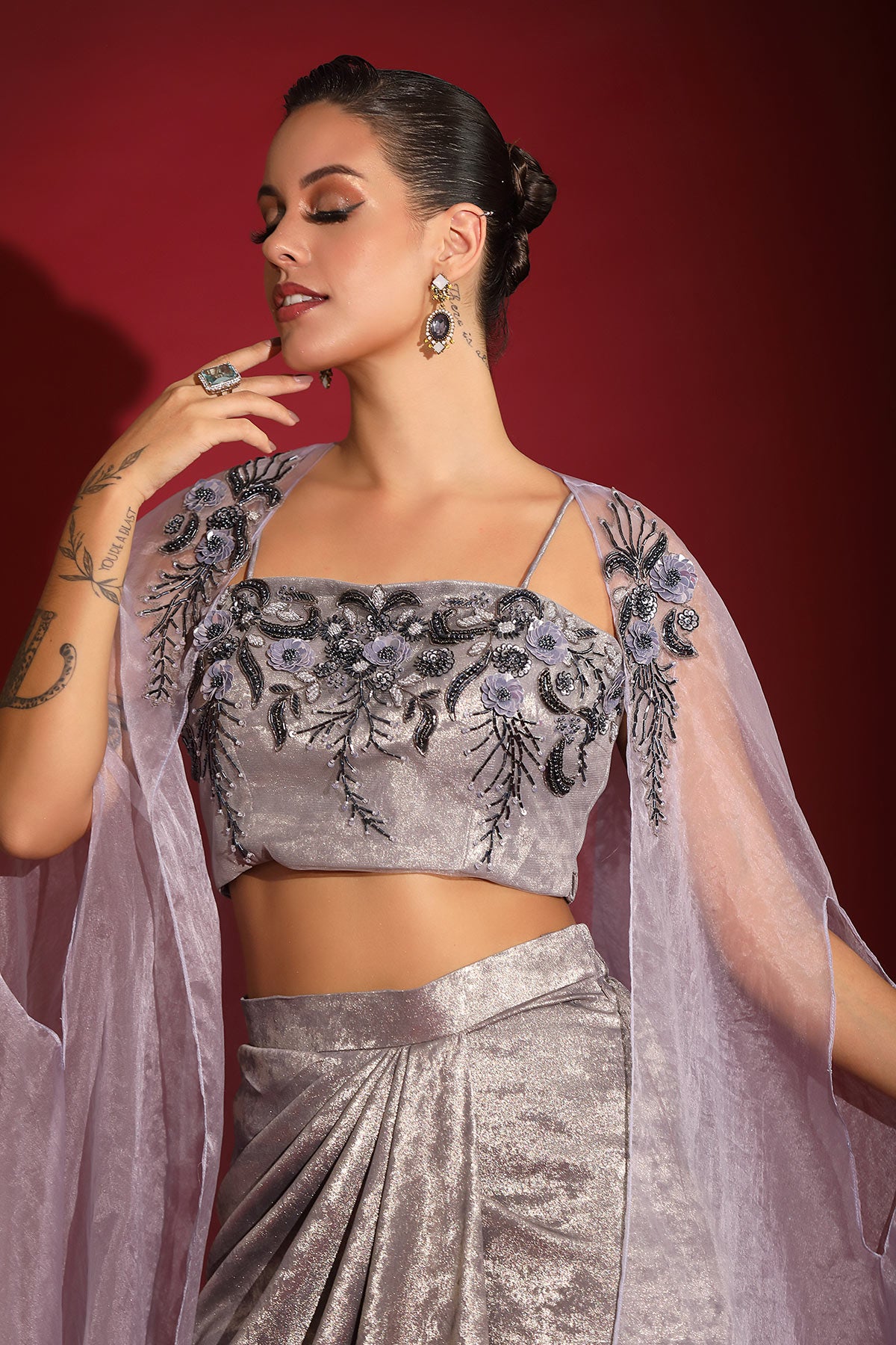Metallic grey foil & floral embroidered crop-top draped skirt-cape set