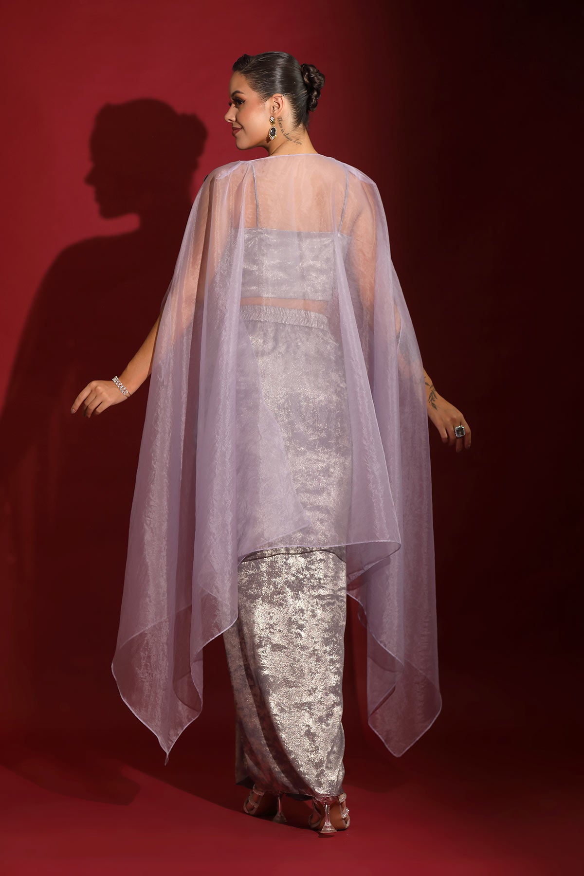 Metallic grey foil & floral embroidered crop-top draped skirt-cape set
