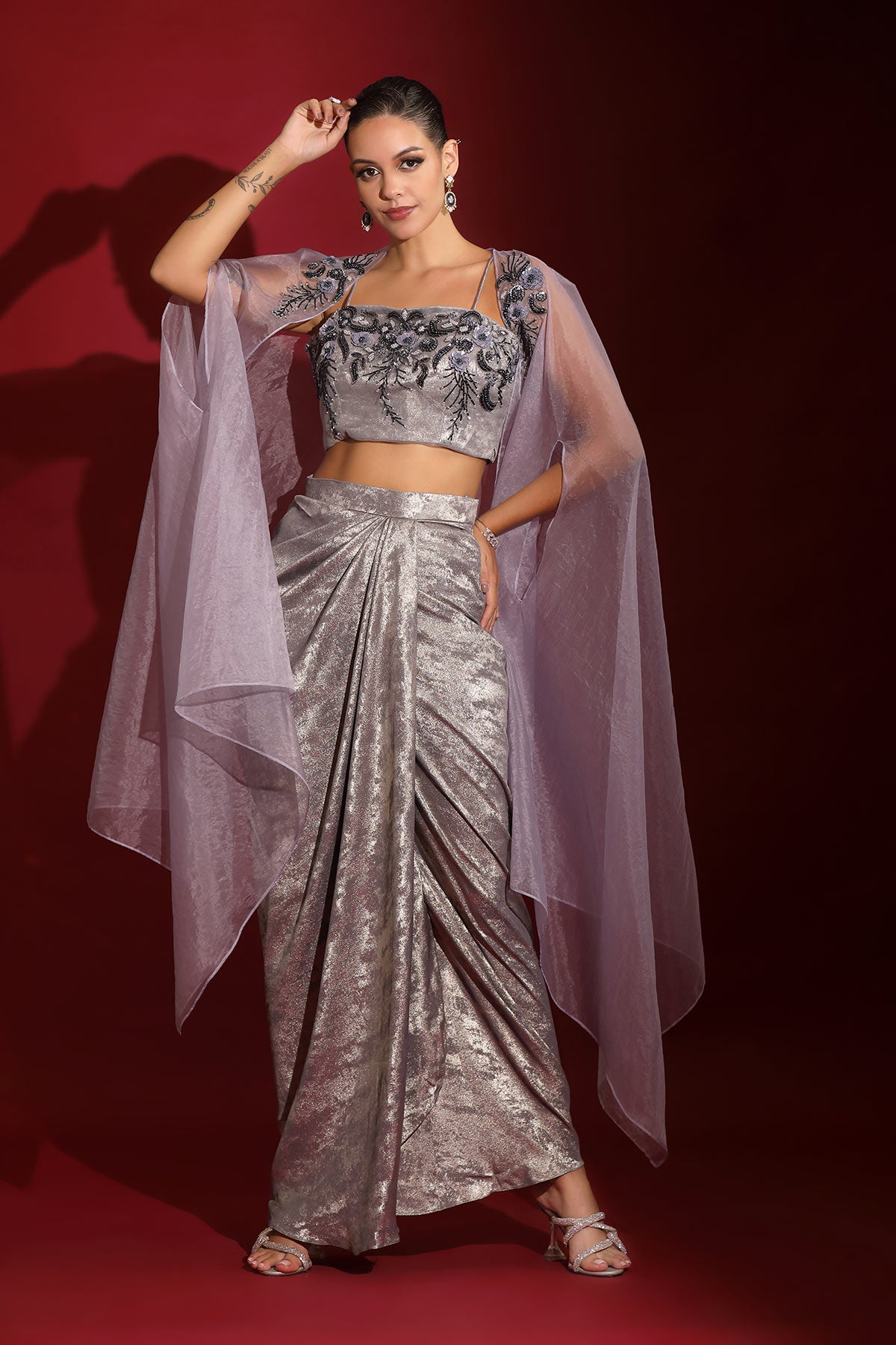 Metallic grey foil floral embroidered crop top draped skirt cape set