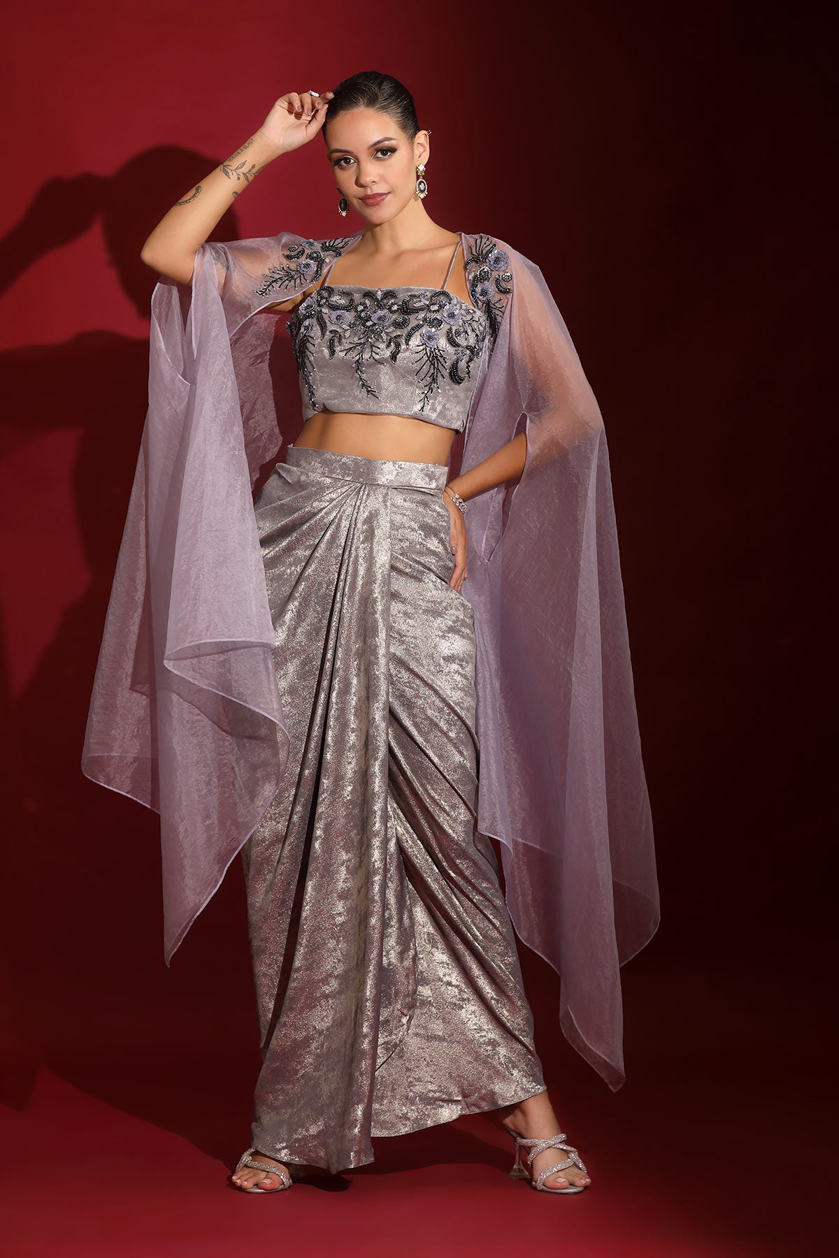 Metallic grey foil floral embroidered crop-top draped skirt-cape set