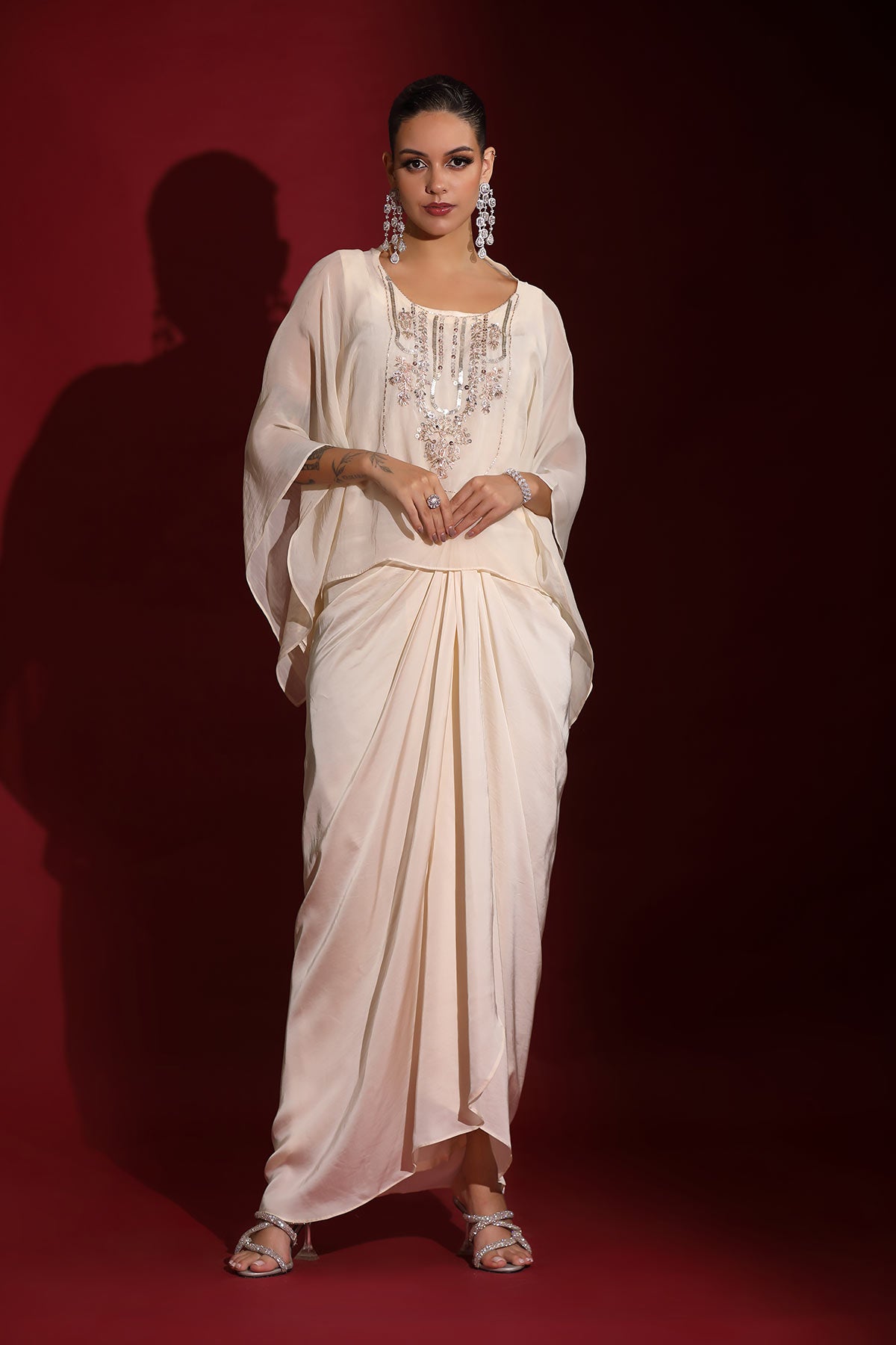 Ivory hand-embellished kaftan & drape skirt indo-fusion
