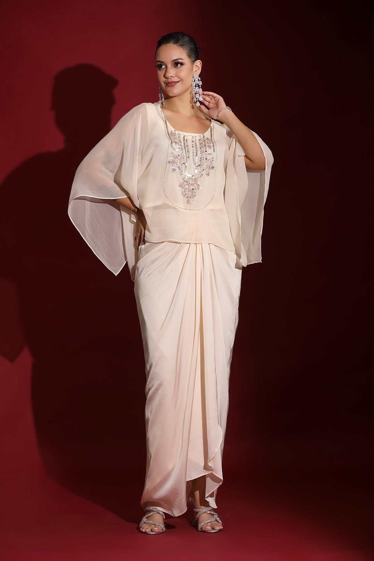 Ivory hand-embellished kaftan & drape skirt indo-fusion