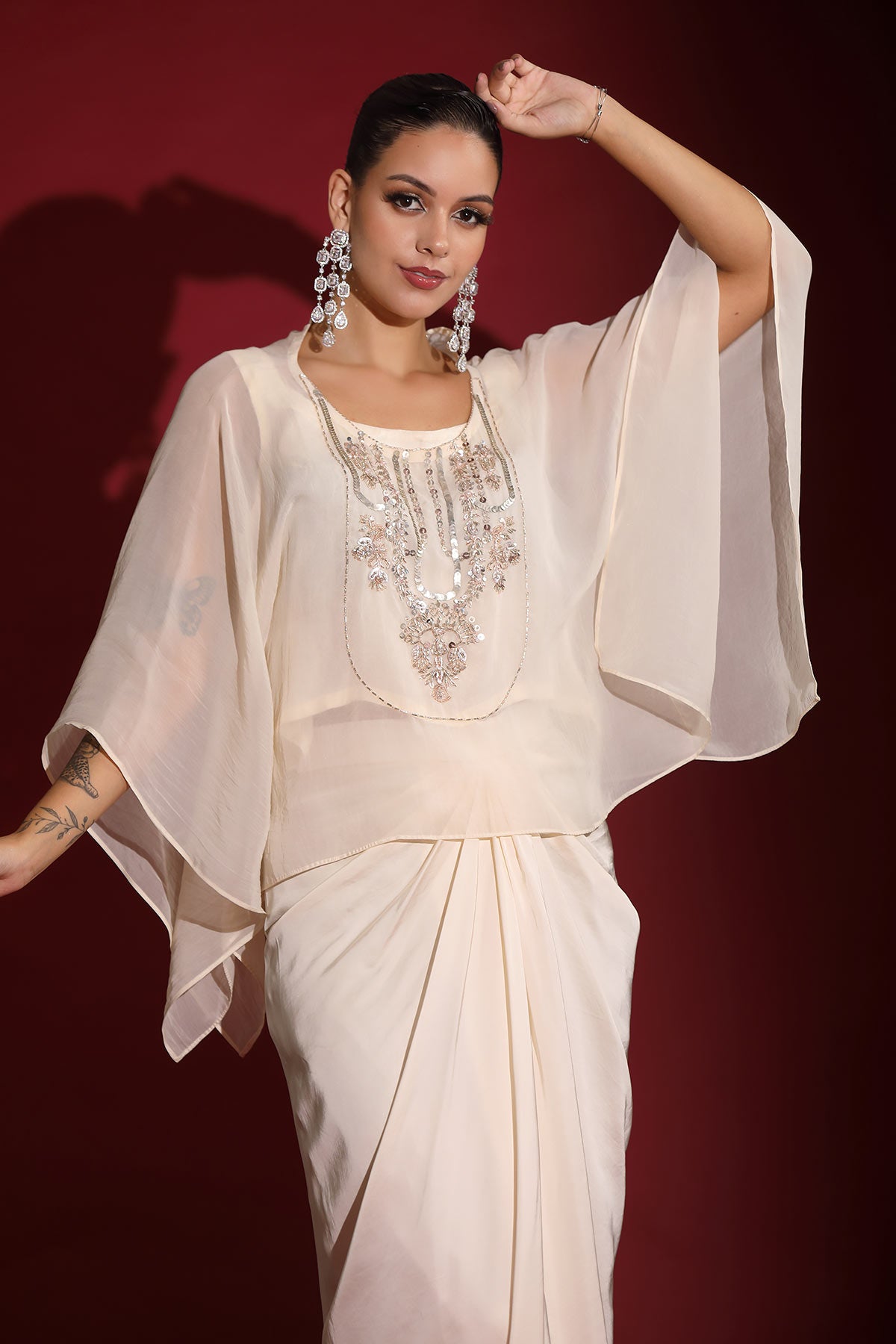 Ivory hand-embellished kaftan & drape skirt indo-fusion