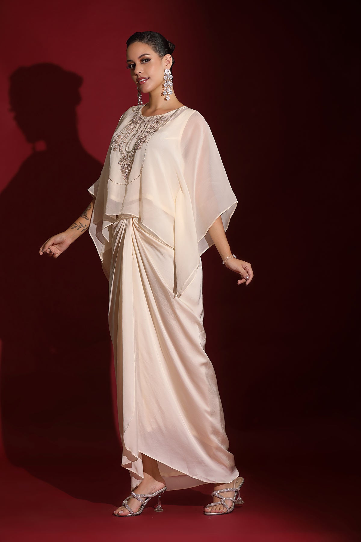 Ivory hand-embellished kaftan & drape skirt indo-fusion