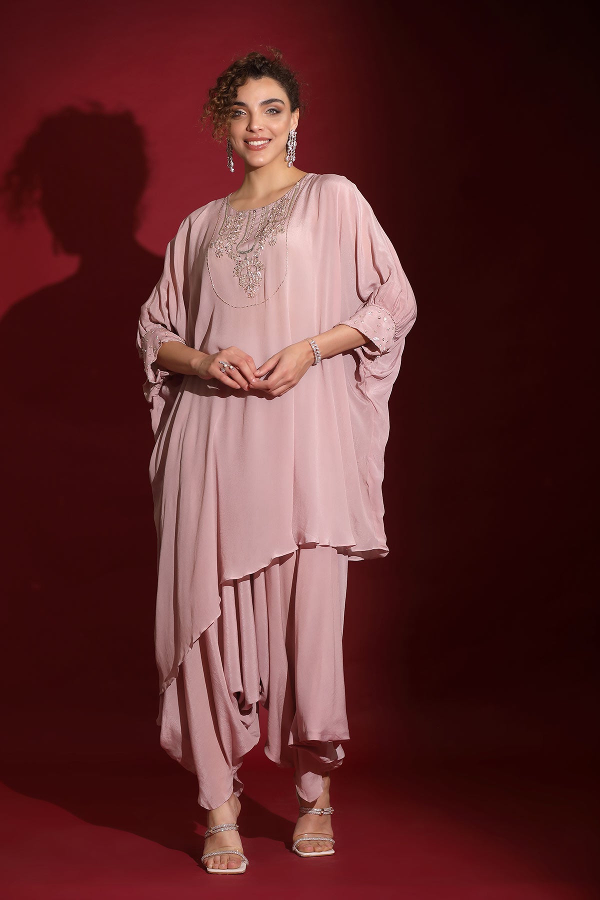 Blush lavender asymmetric over-sized kaftan with low crotch harem indo-fusion