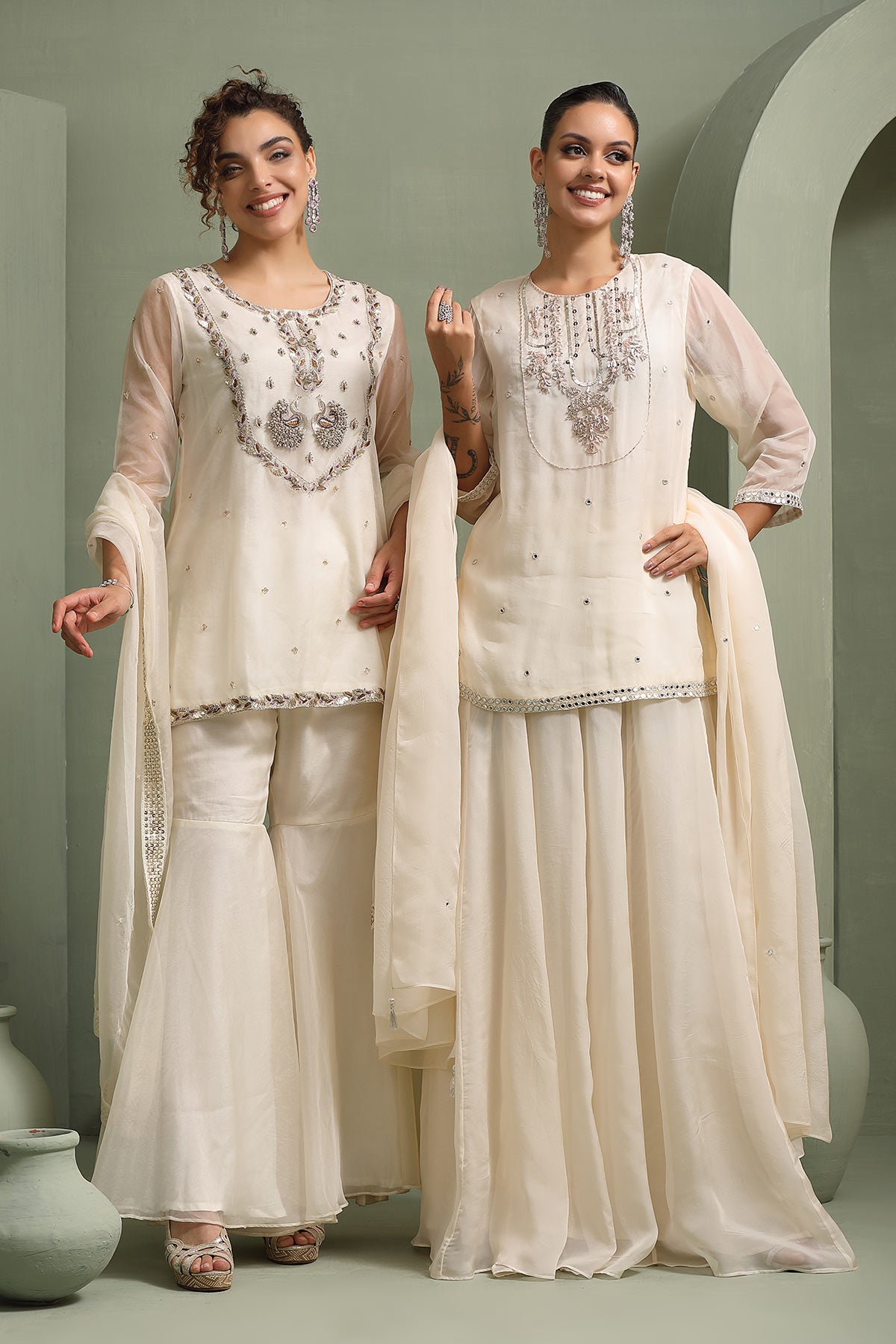 Ivory hand-embellished short kurti with mirror-work lehenga & dupatta set