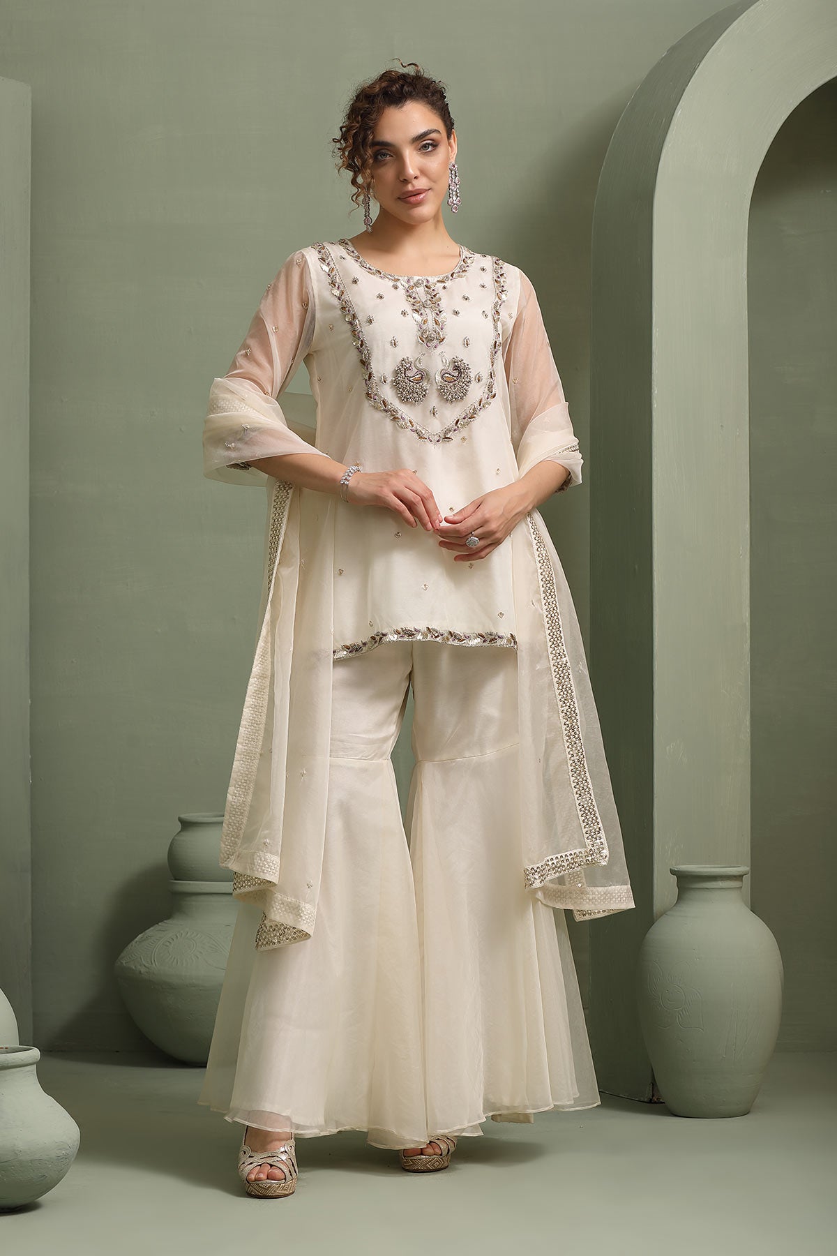 Ivory peacock motif hand-embellished short-kurti, sharara set