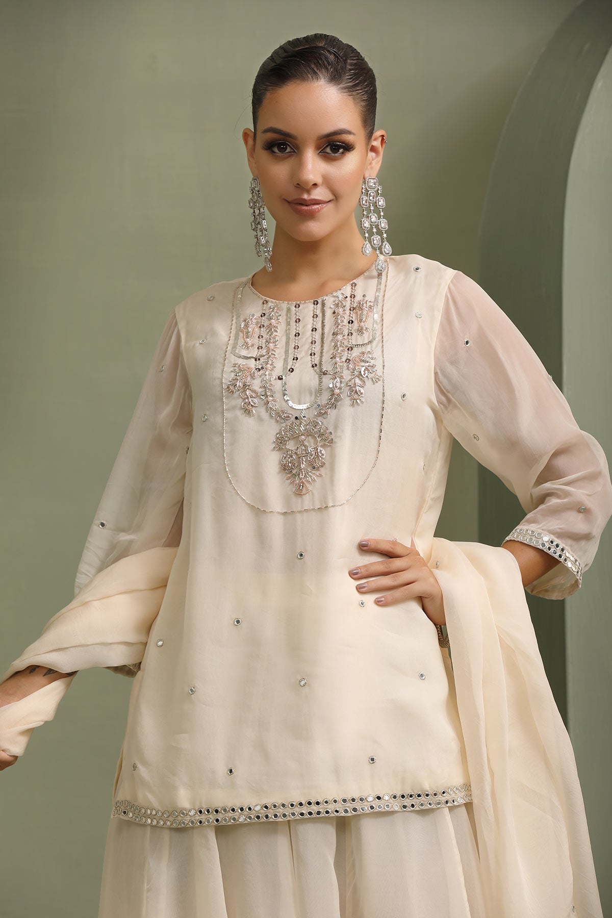 Ivory hand-embellished short kurti with mirror-work lehenga & dupatta set