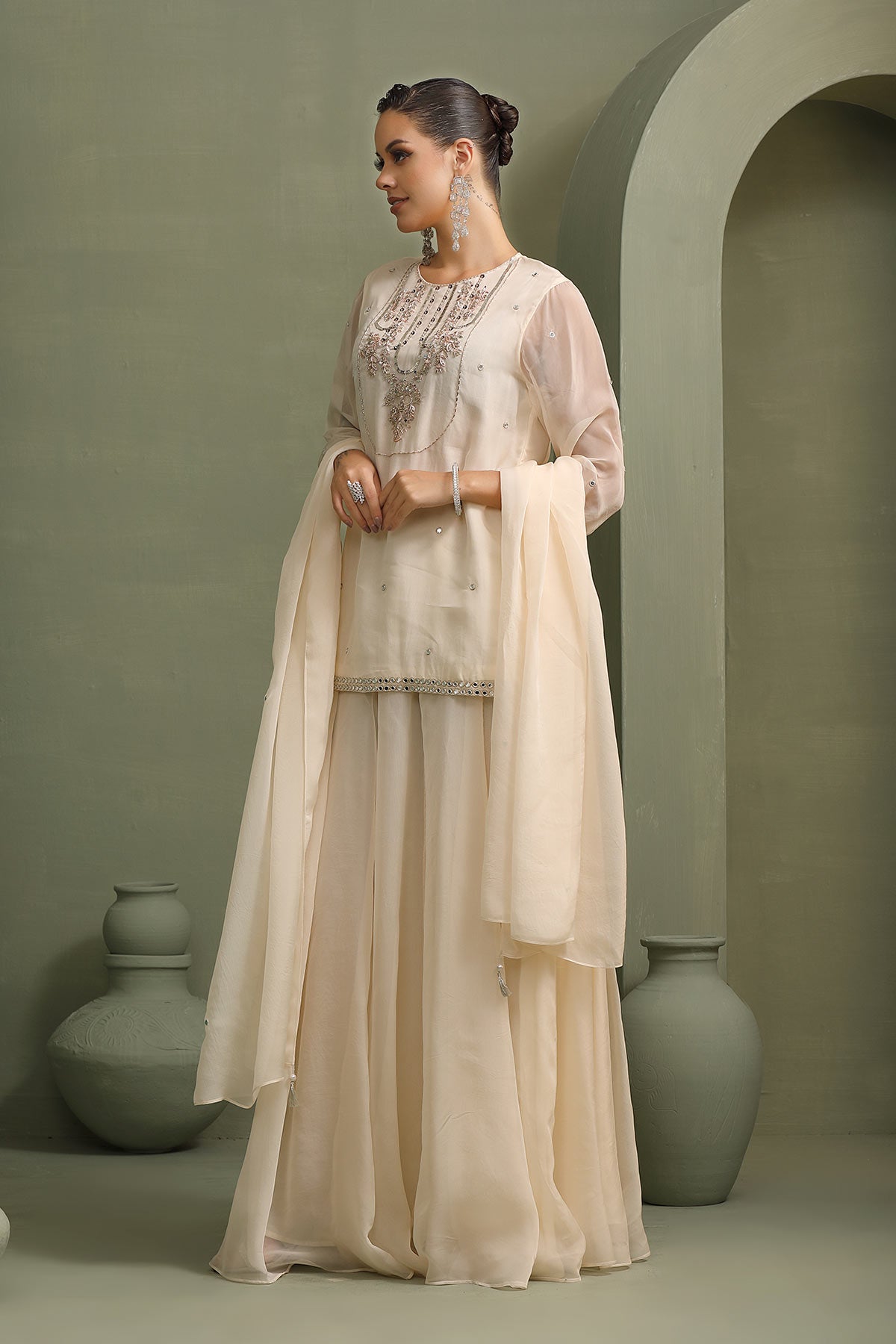 Ivory hand-embellished short kurti with mirror-work lehenga & dupatta set