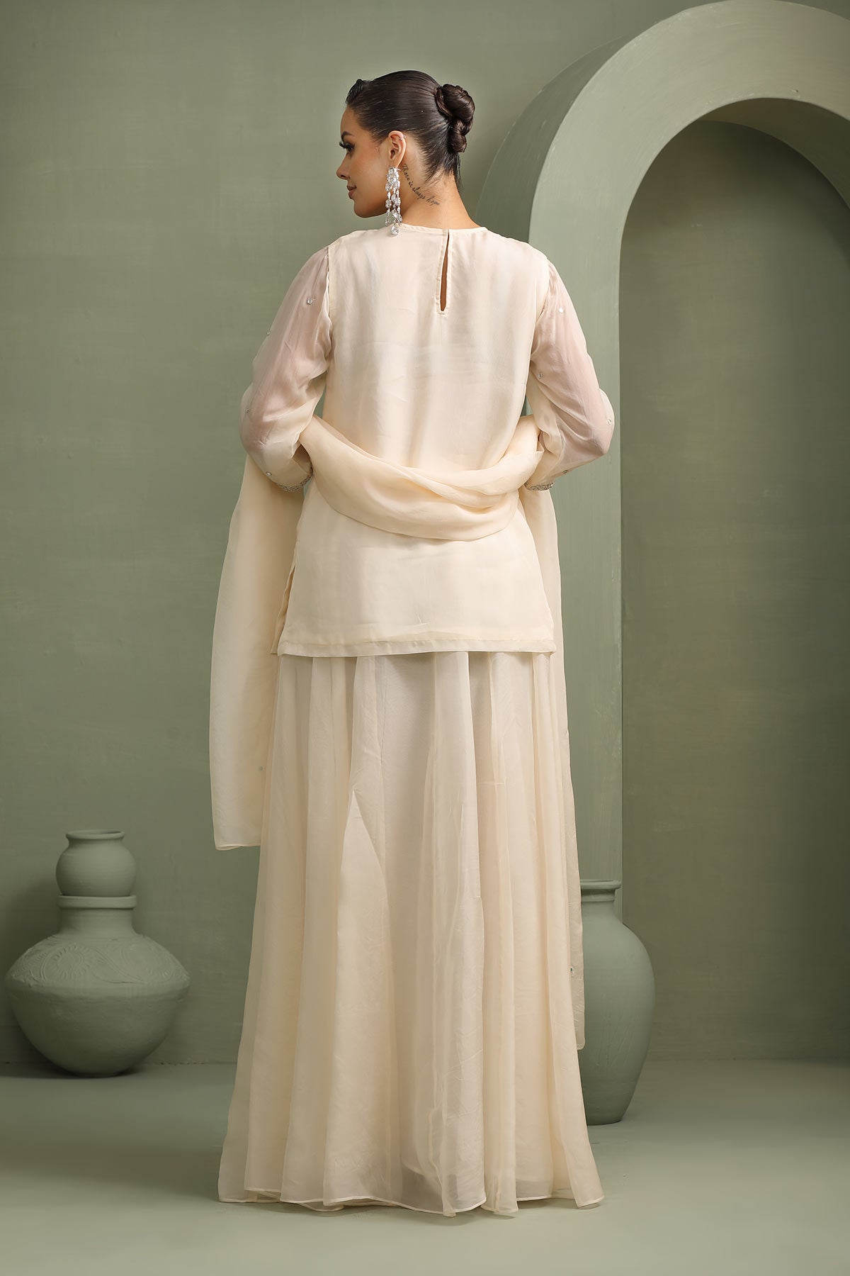 Ivory hand-embellished short kurti with mirror-work lehenga & dupatta set