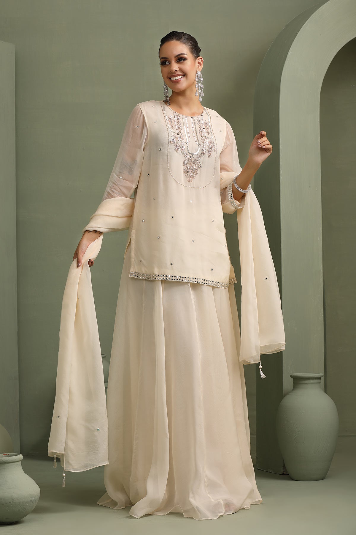 Ivory hand-embellished short kurti with mirror-work lehenga & dupatta set