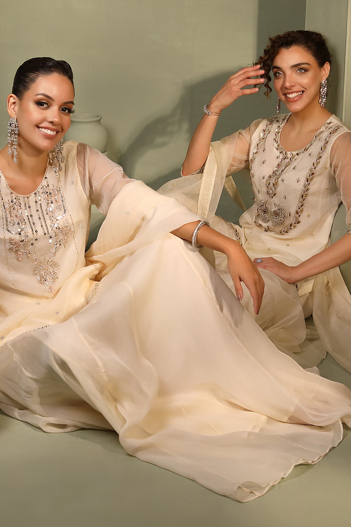 Ivory hand-embellished short kurti with mirror-work lehenga & dupatta set