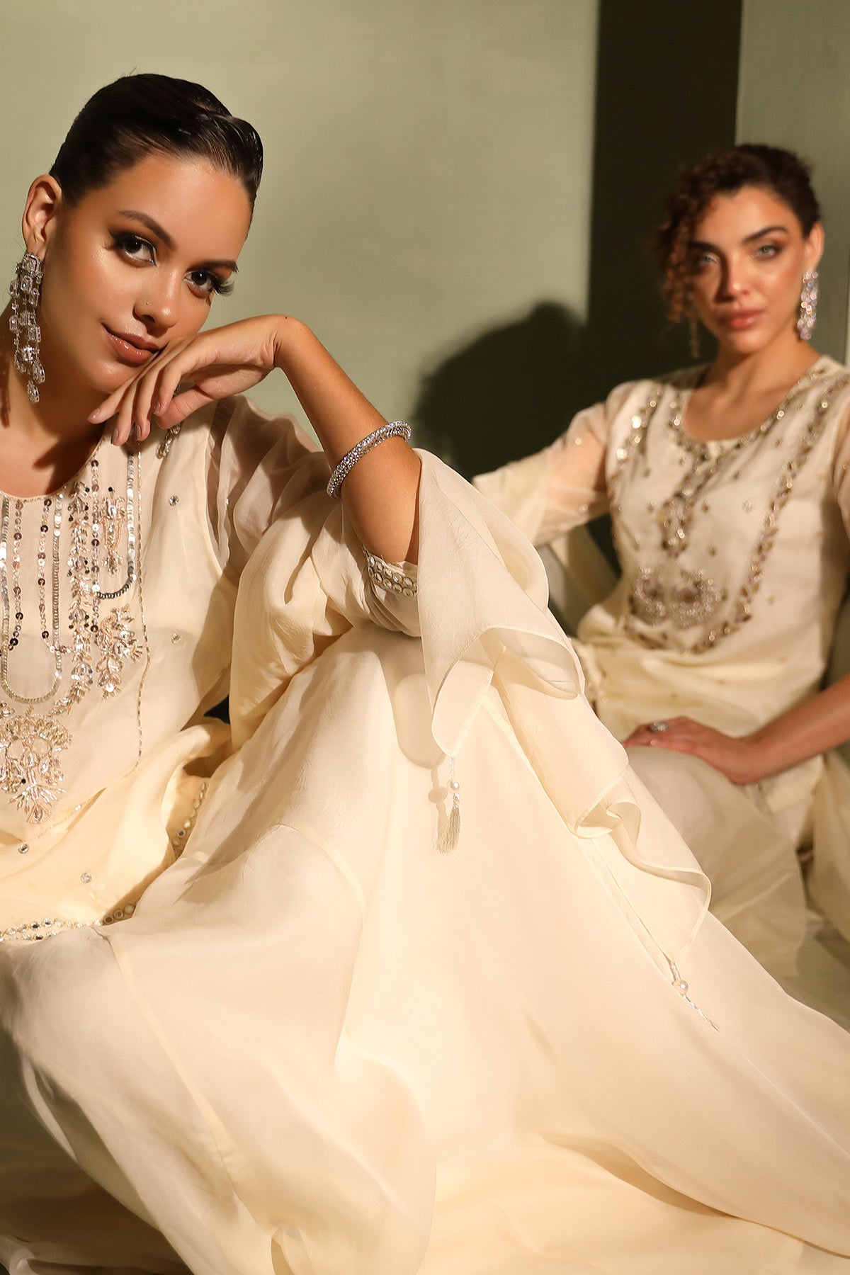 Ivory hand-embellished short kurti with mirror-work lehenga & dupatta set