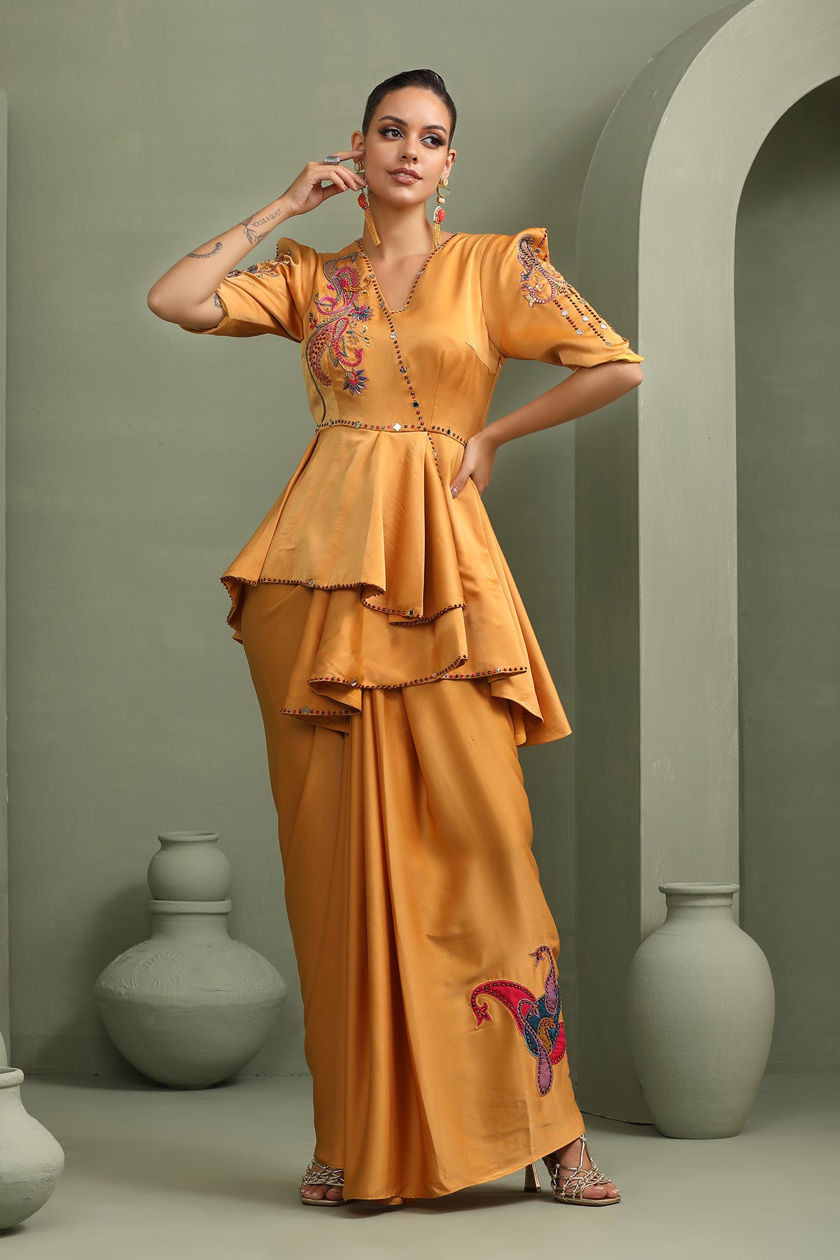 Yellow mellow paisley peplum & draped skirt set