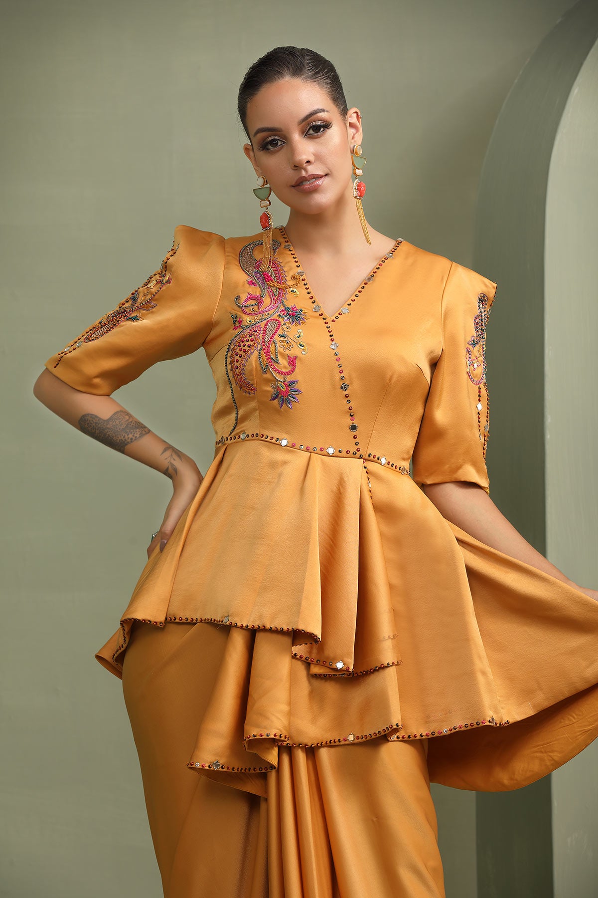 Yellow mellow paisley peplum & draped skirt set