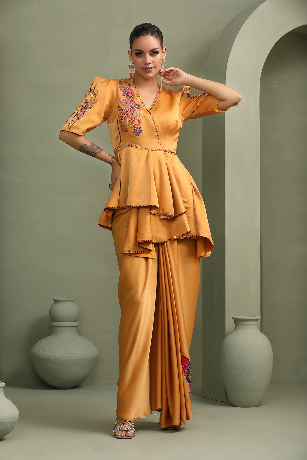 Yellow mellow paisley peplum & draped skirt set