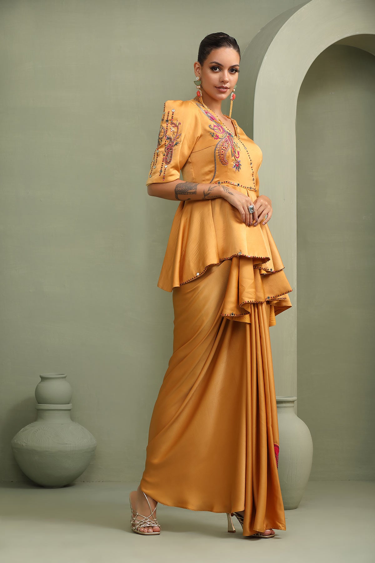 Yellow mellow paisley peplum & draped skirt set