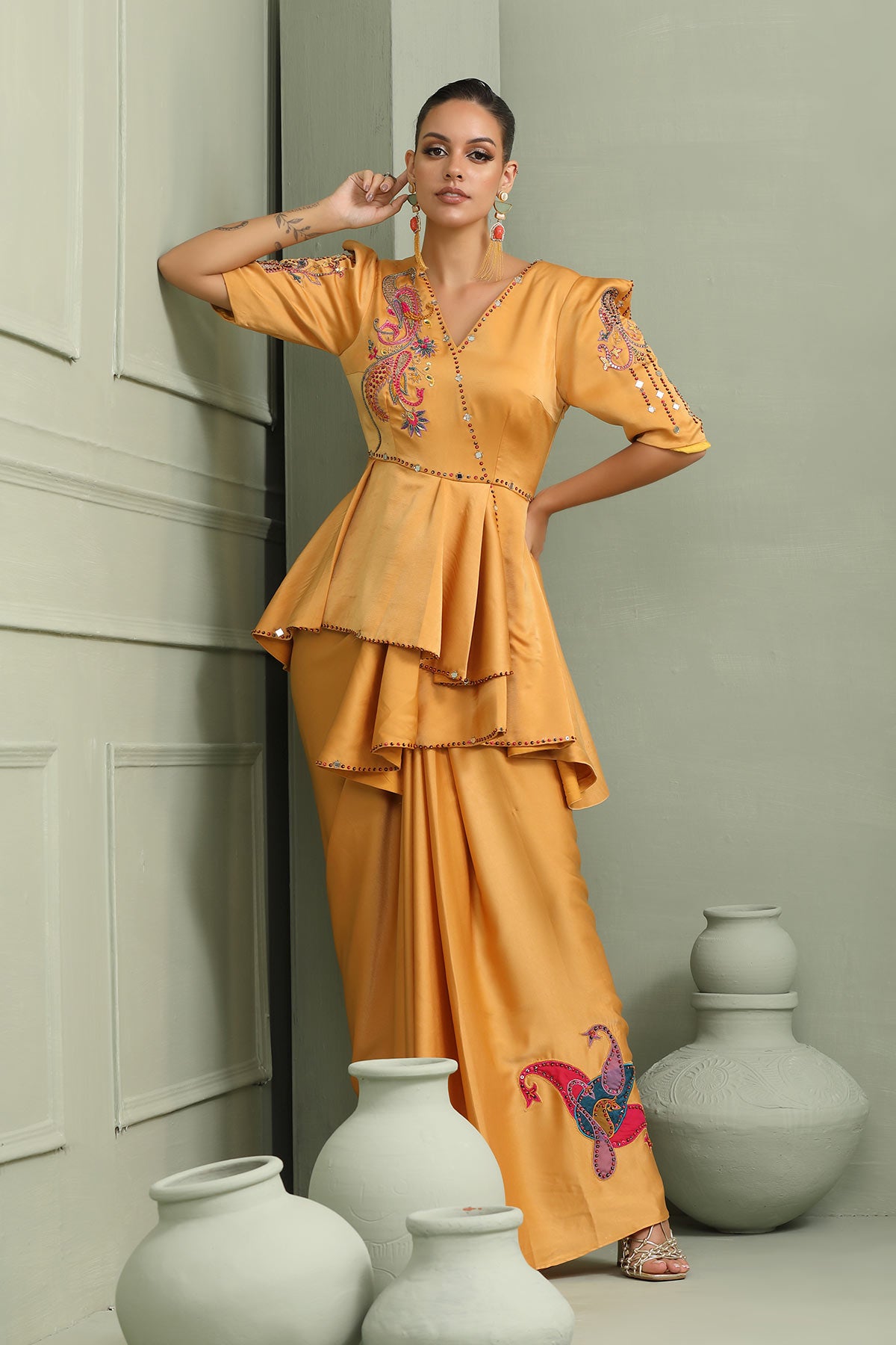 Yellow mellow paisley peplum & draped skirt set