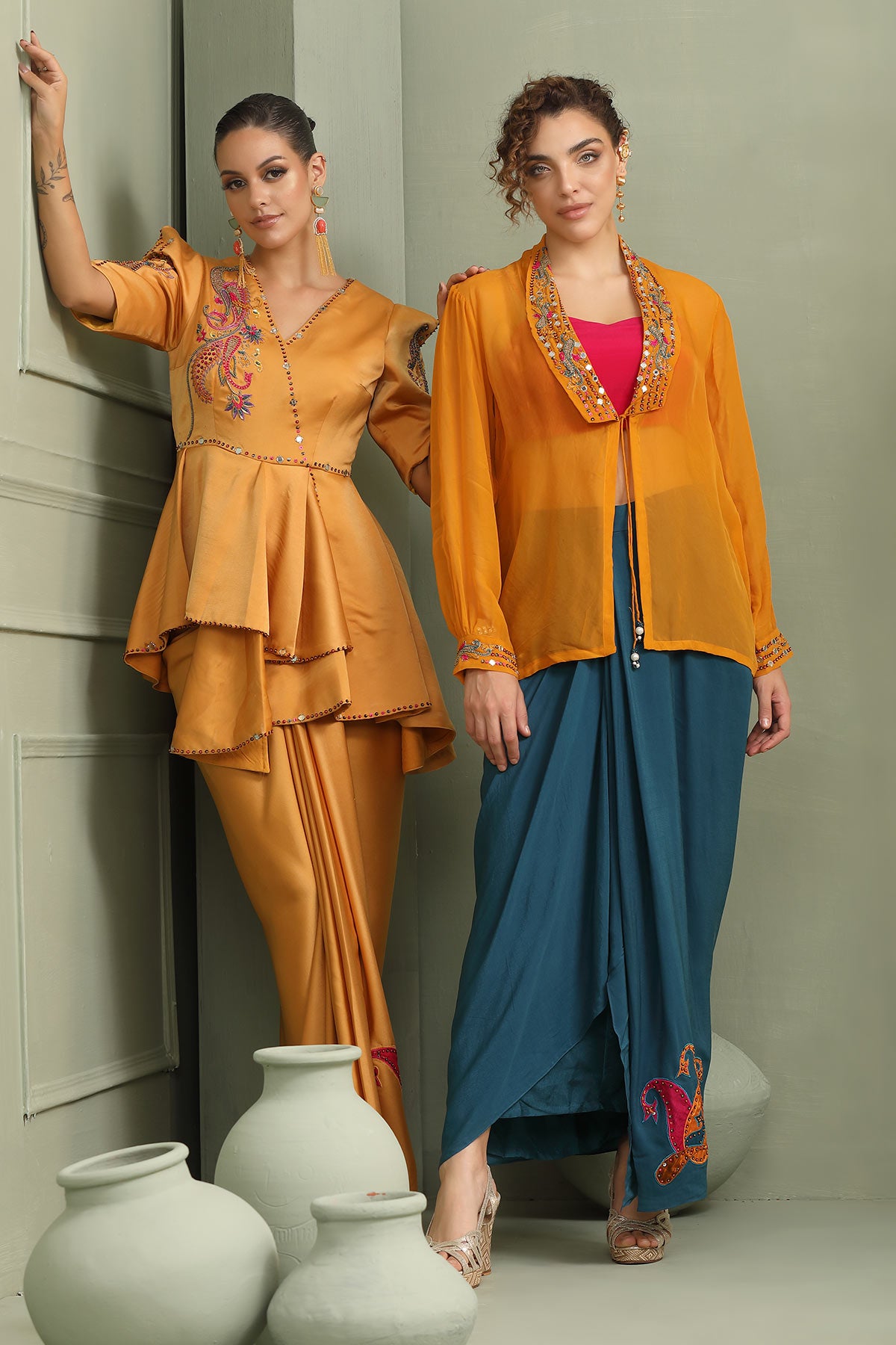 Colour-block mustard paisley jacket,pink crop-top & teal drape skirt set