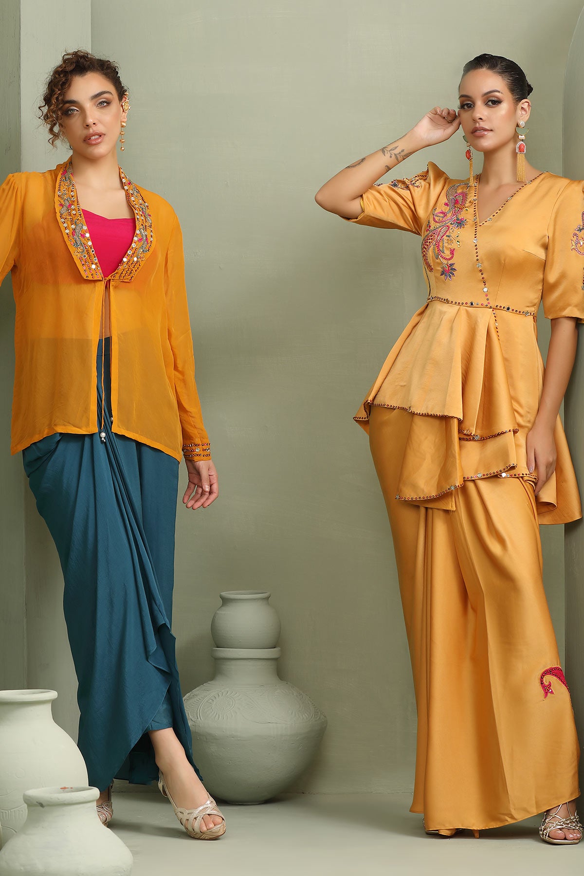 Colour-block mustard paisley jacket,pink crop-top & teal drape skirt set