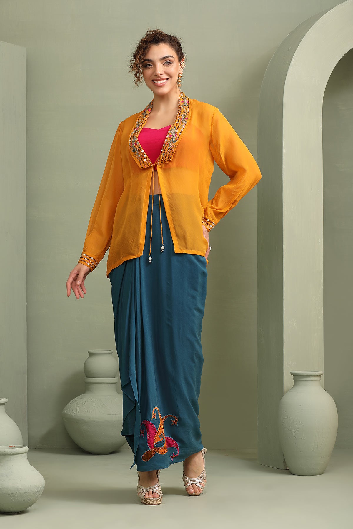 Colour-block mustard paisley jacket,pink crop-top & teal drape skirt set
