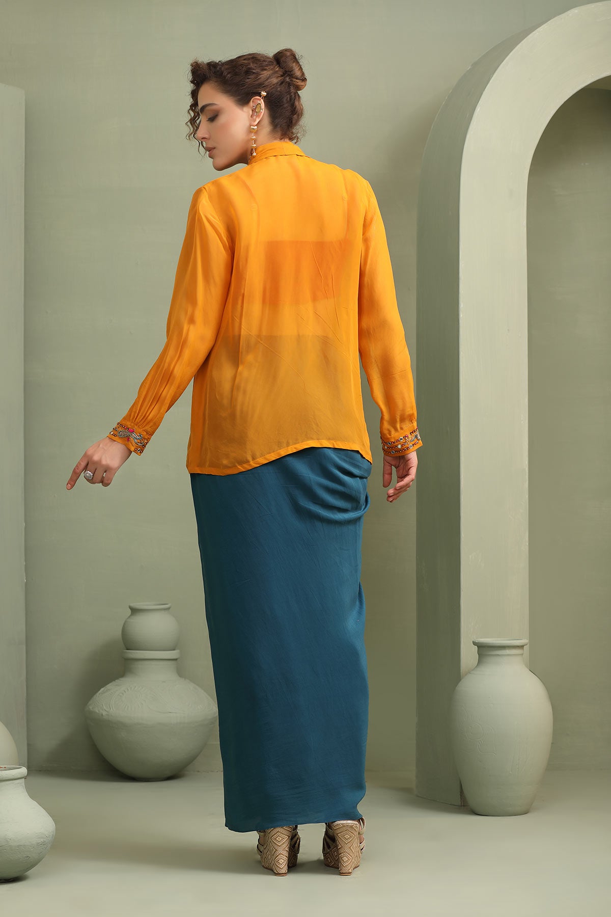 Colour-block mustard paisley jacket,pink crop-top & teal drape skirt set