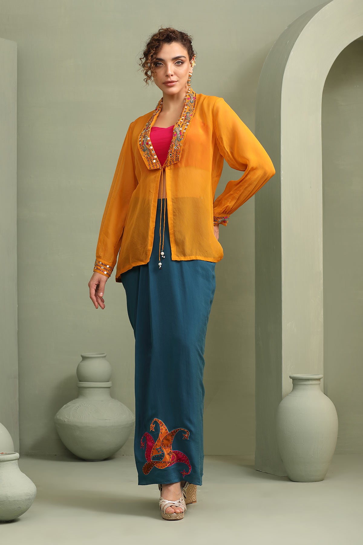 Colour-block mustard paisley jacket,pink crop-top & teal drape skirt set